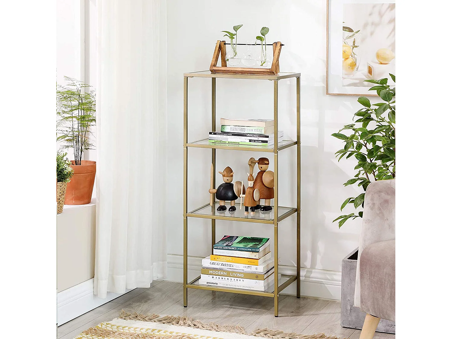 VASAGLE Scaffale per il bagno, scaffale in vetro temperato, contenitore a 4 livelli, robusto, facile da montare, per soggiorno, camera da letto, ufficio, dorato