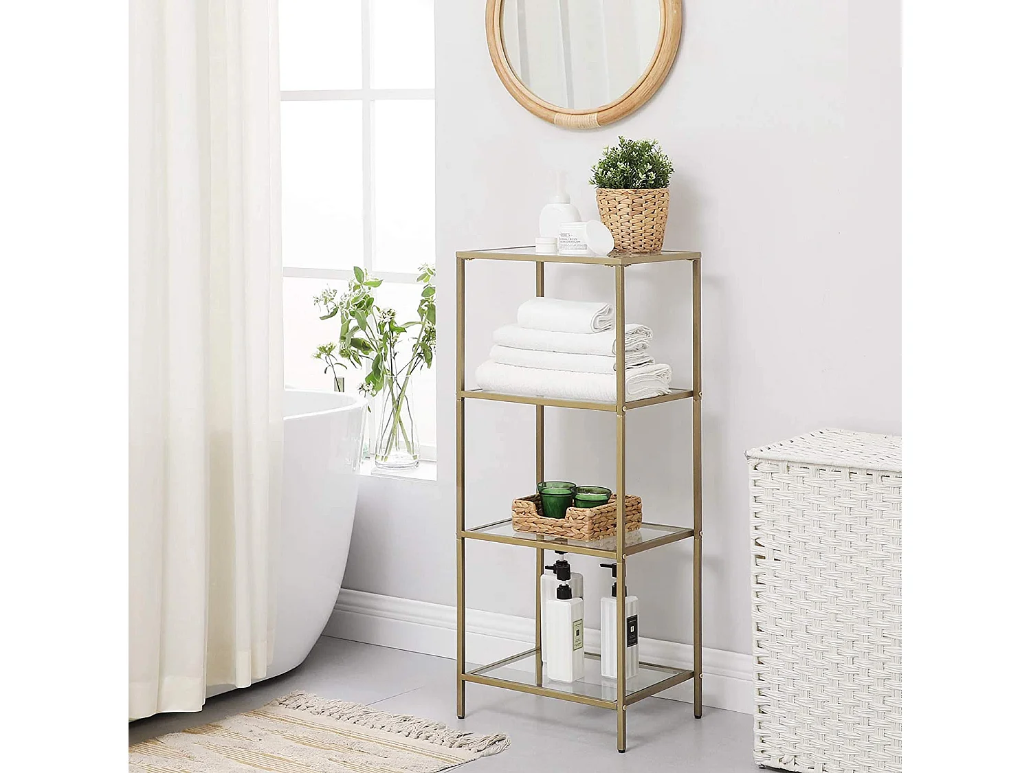 VASAGLE Scaffale per il bagno, scaffale in vetro temperato, contenitore a 4 livelli, robusto, facile da montare, per soggiorno, camera da letto, ufficio, dorato