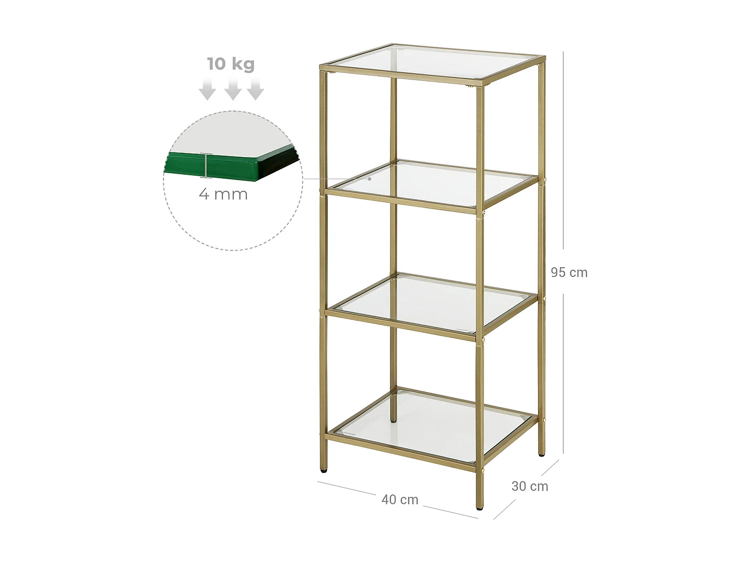 VASAGLE Scaffale per il bagno, scaffale in vetro temperato, contenitore a 4 livelli, robusto, facile da montare, per soggiorno, camera da letto, ufficio, dorato