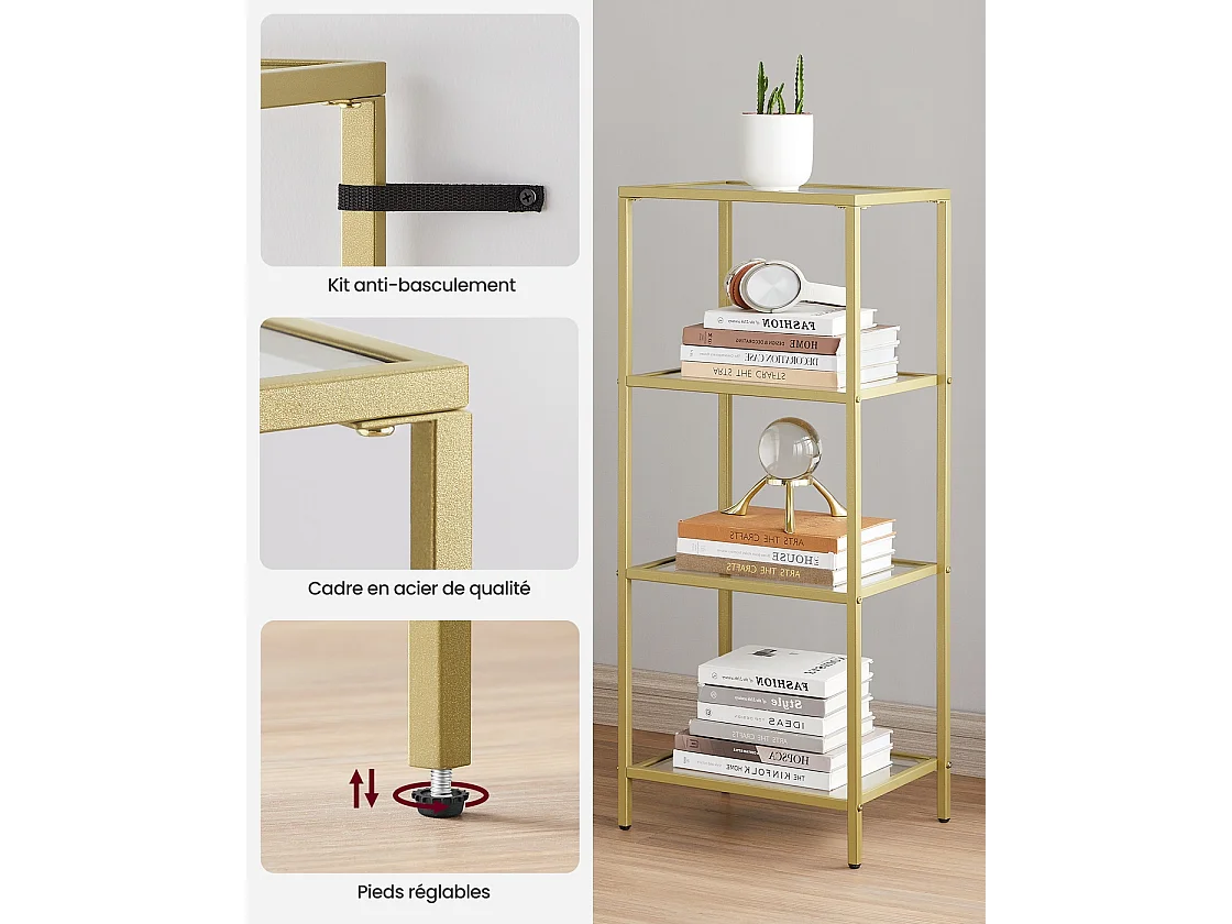 VASAGLE Scaffale per il bagno, scaffale in vetro temperato, contenitore a 4 livelli, robusto, facile da montare, per soggiorno, camera da letto, ufficio, dorato