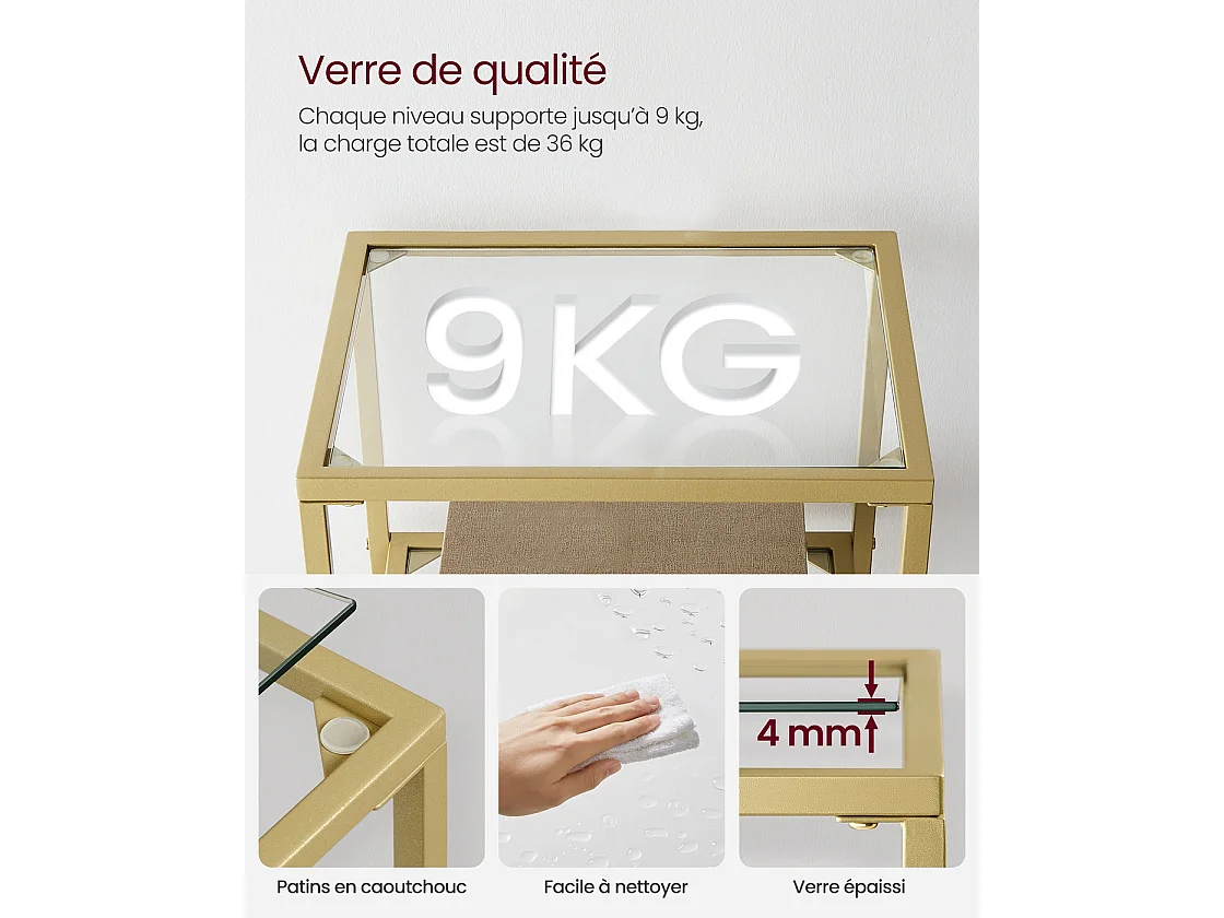 VASAGLE Scaffale per il bagno, scaffale in vetro temperato, contenitore a 4 livelli, robusto, facile da montare, per soggiorno, camera da letto, ufficio, dorato