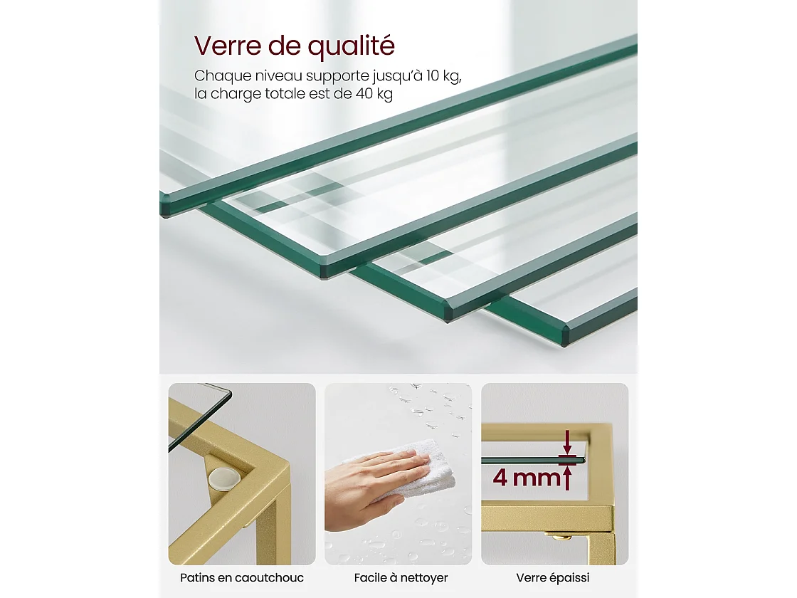 VASAGLE Scaffale per il bagno, scaffale in vetro temperato, contenitore a 4 livelli, robusto, facile da montare, per soggiorno, camera da letto, ufficio, dorato