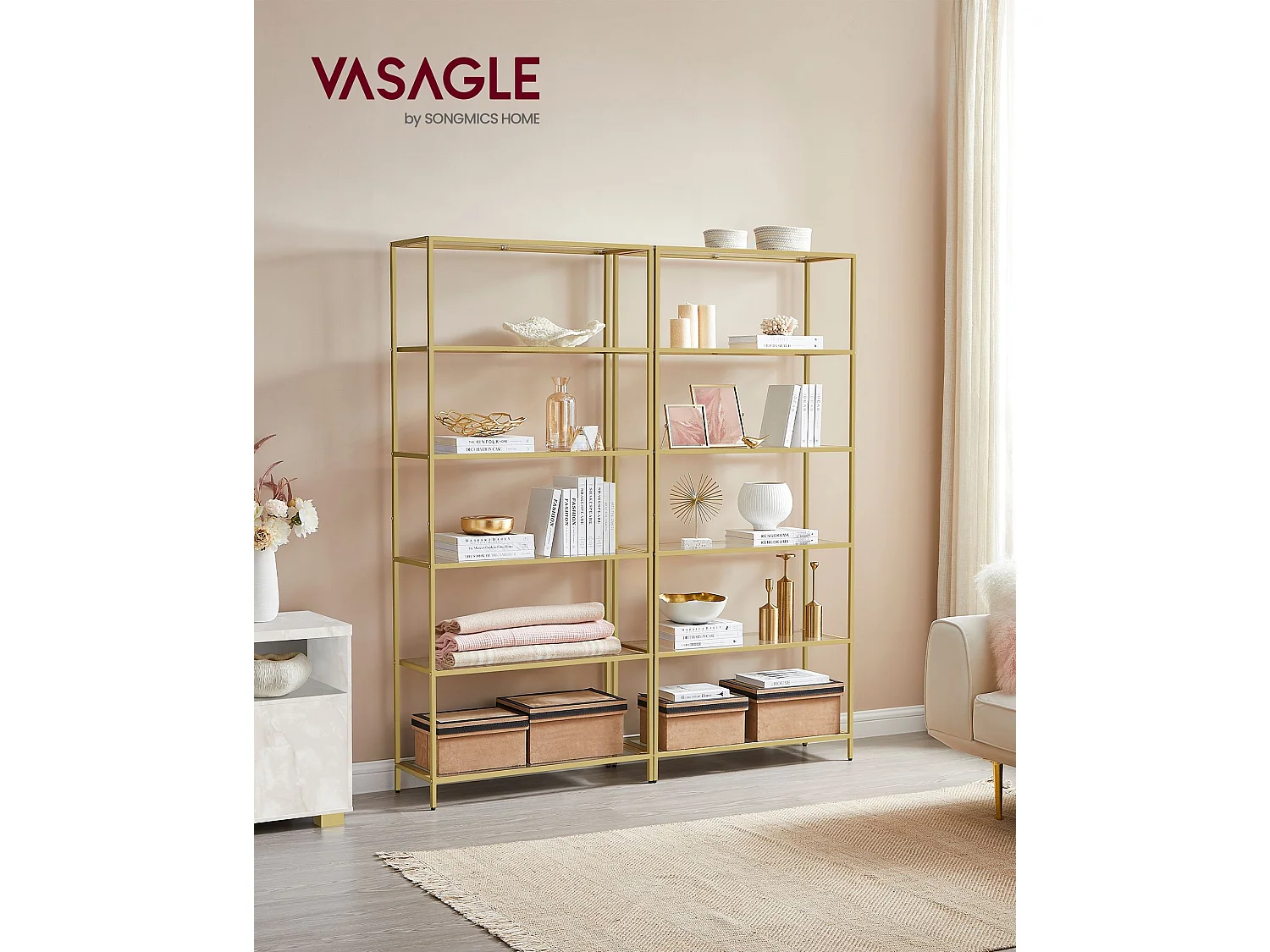 VASAGLE Bookcase, 6-Tier Bookshelf, Slim Shelving Unit for Bedroom, Bathroom, Home Office, Tempered Glass, Steel Frame