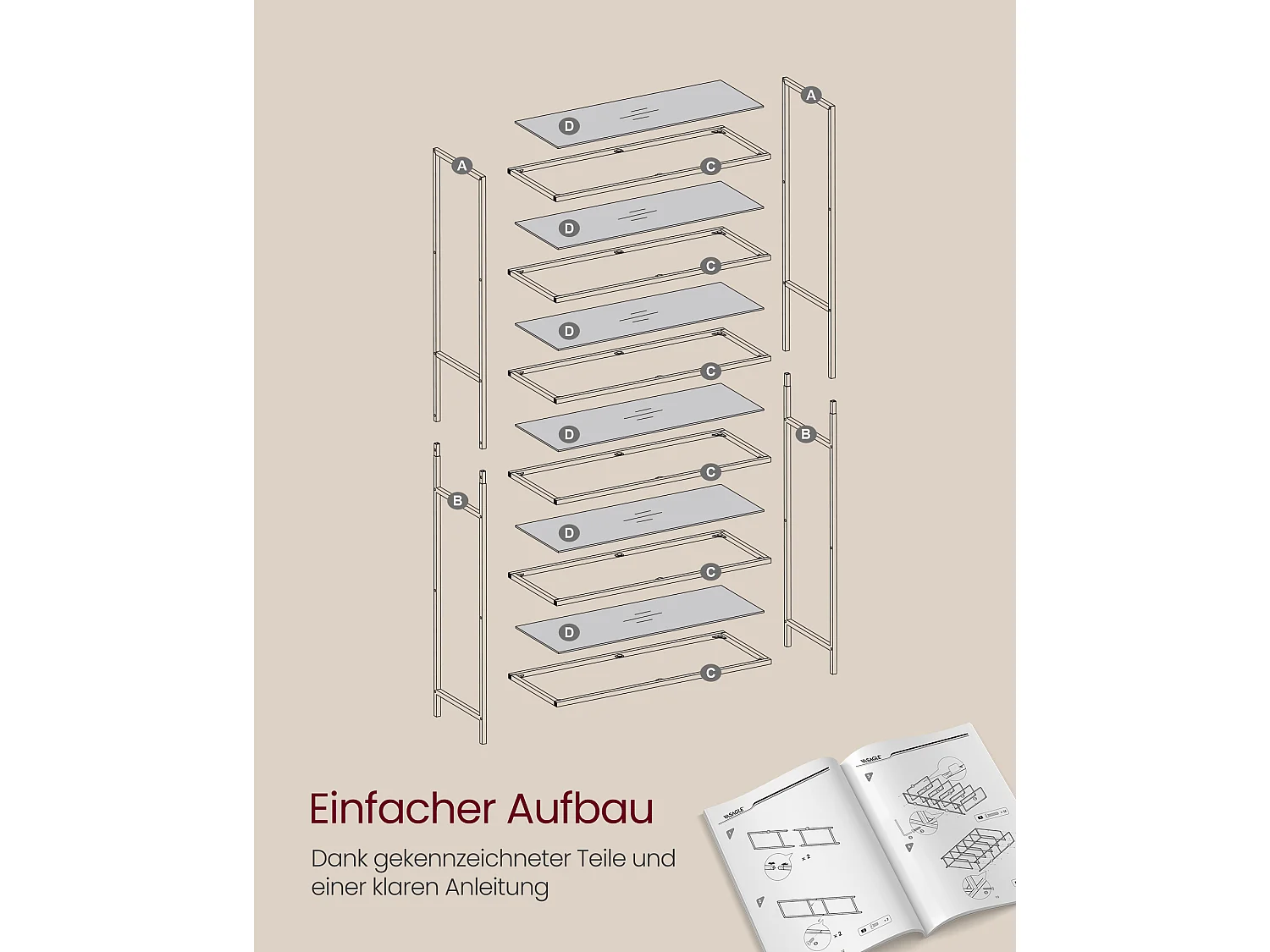 VASAGLE Bookcase, 6-Tier Bookshelf, Slim Shelving Unit for Bedroom, Bathroom, Home Office, Tempered Glass, Steel Frame