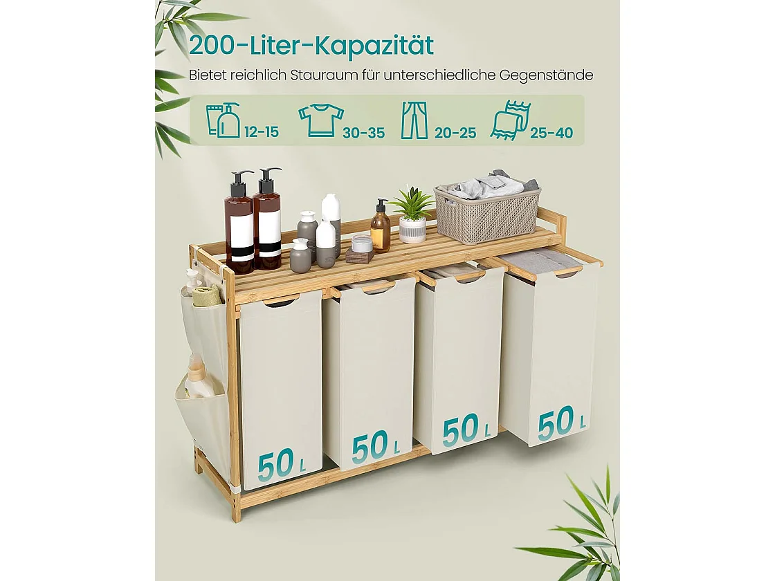 Vasketøjskurv 4 rum 4 x 50 L 124,6 x 33 x 78 cm Cremehvid