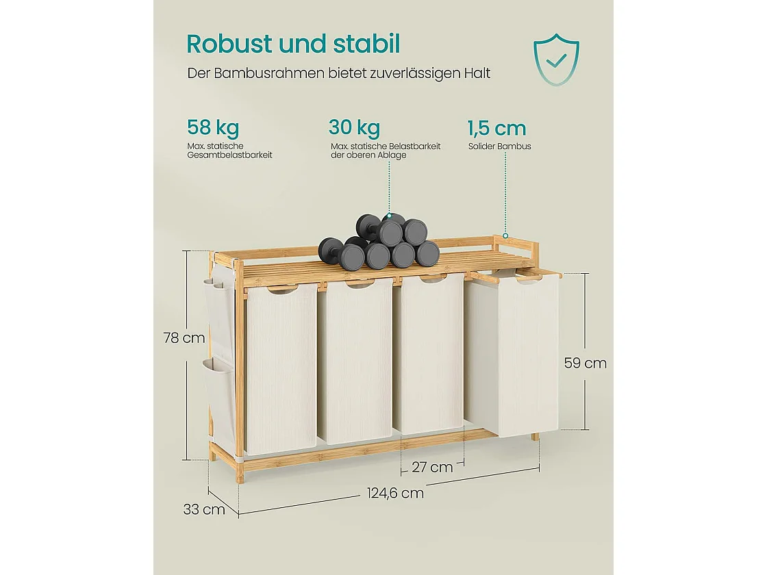Vasketøjskurv 4 rum 4 x 50 L 124,6 x 33 x 78 cm Cremehvid