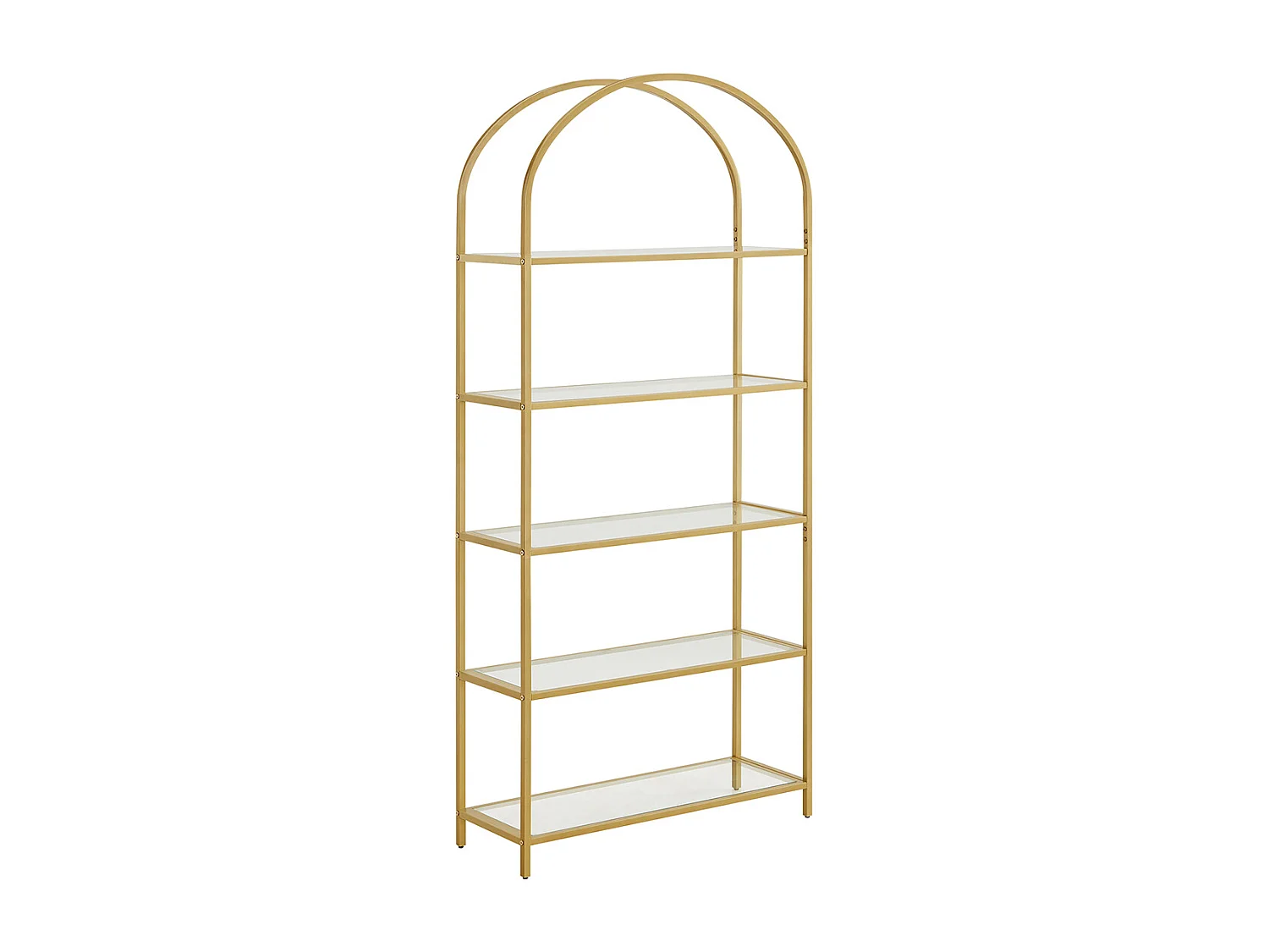 VASAGLE 5 Tier Shelf, Tempered Glass Shelving Unit, Arched Design, Steel Construction, for Living Room, Working Bathroom, Golden Color LGT050A01