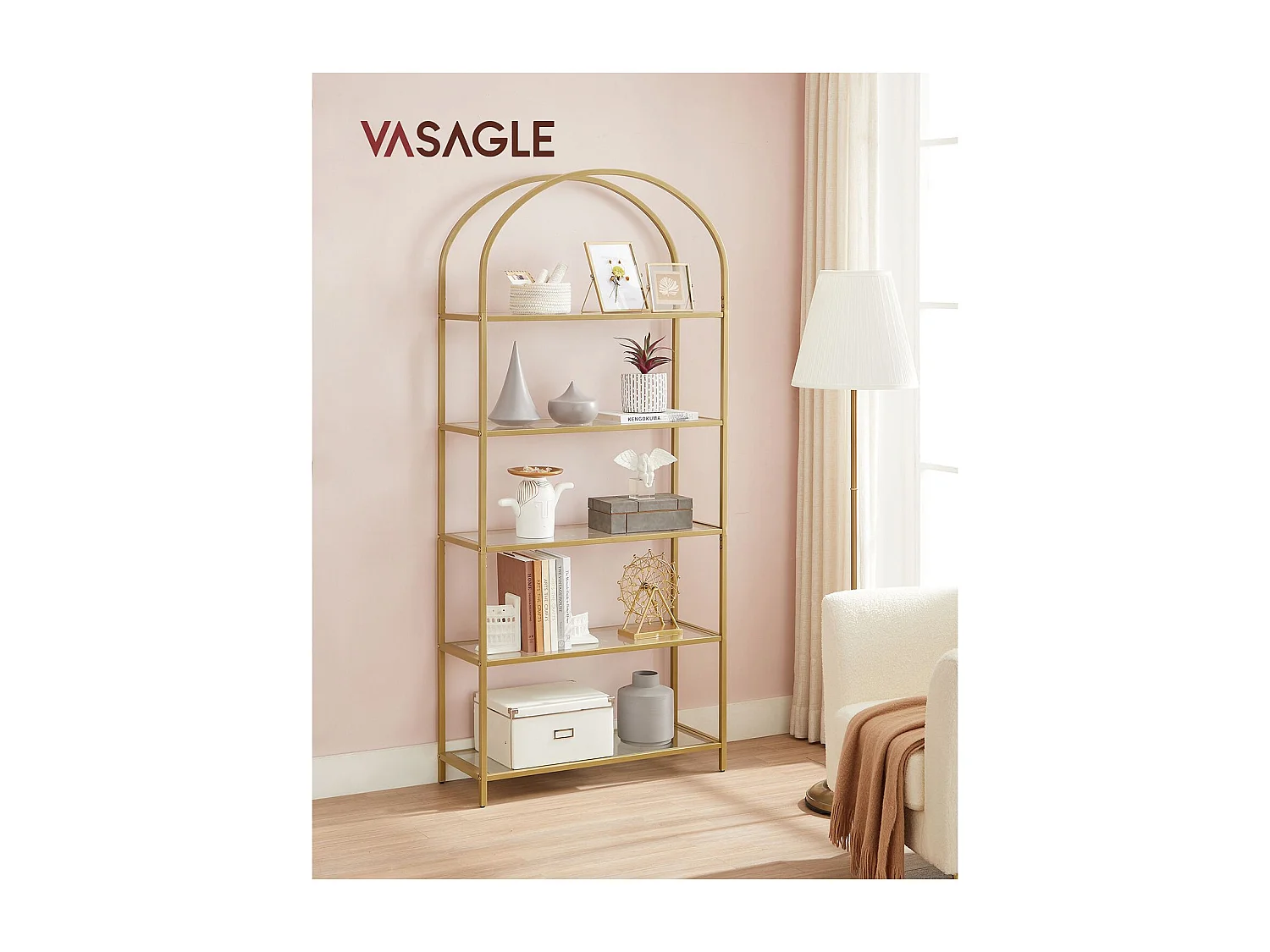 VASAGLE 5 Tier Shelf, Tempered Glass Shelving Unit, Arched Design, Steel Construction, for Living Room, Working Bathroom, Golden Color LGT050A01