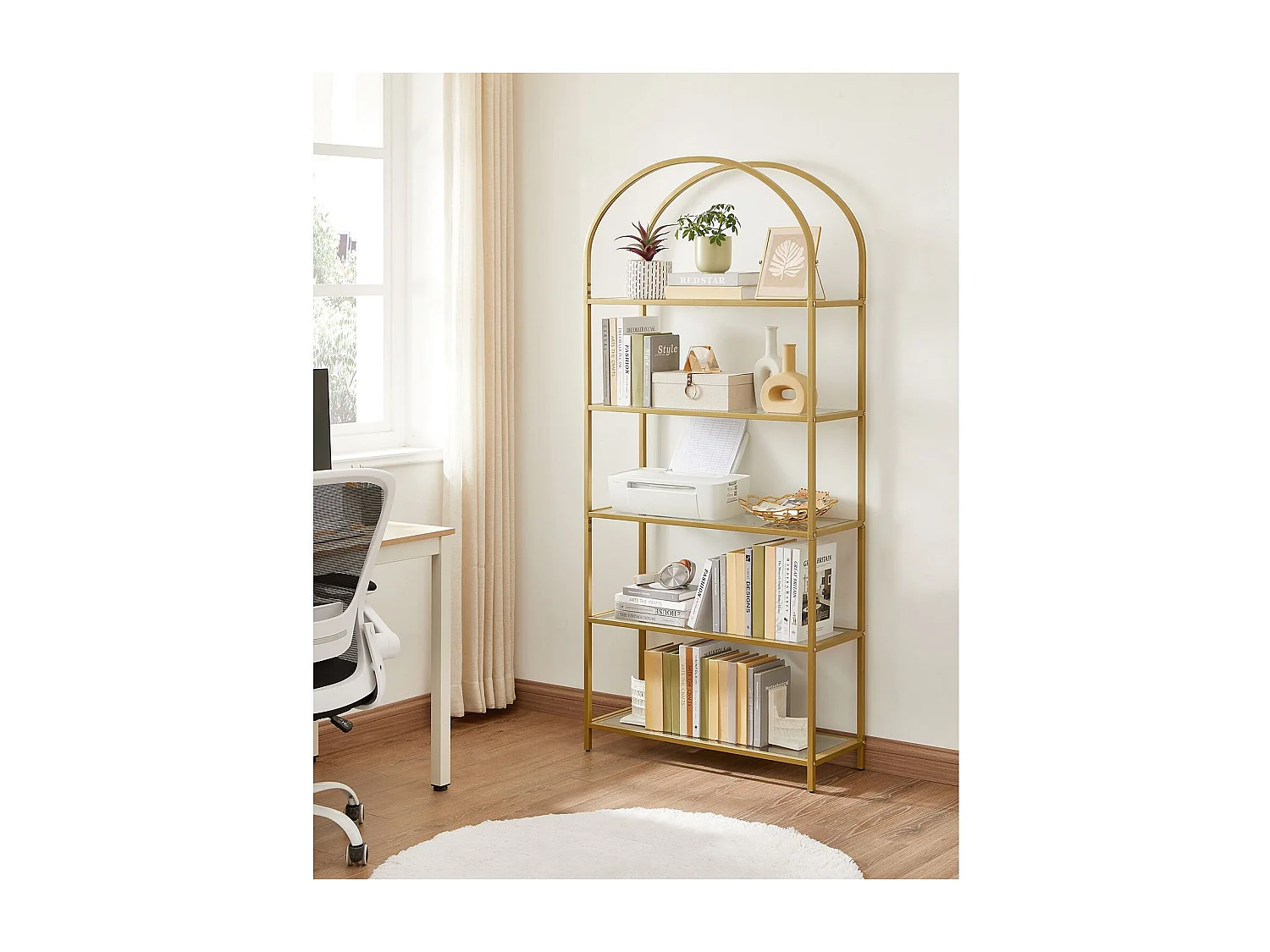 VASAGLE 5 Tier Shelf, Tempered Glass Shelving Unit, Arched Design, Steel Construction, for Living Room, Working Bathroom, Golden Color LGT050A01