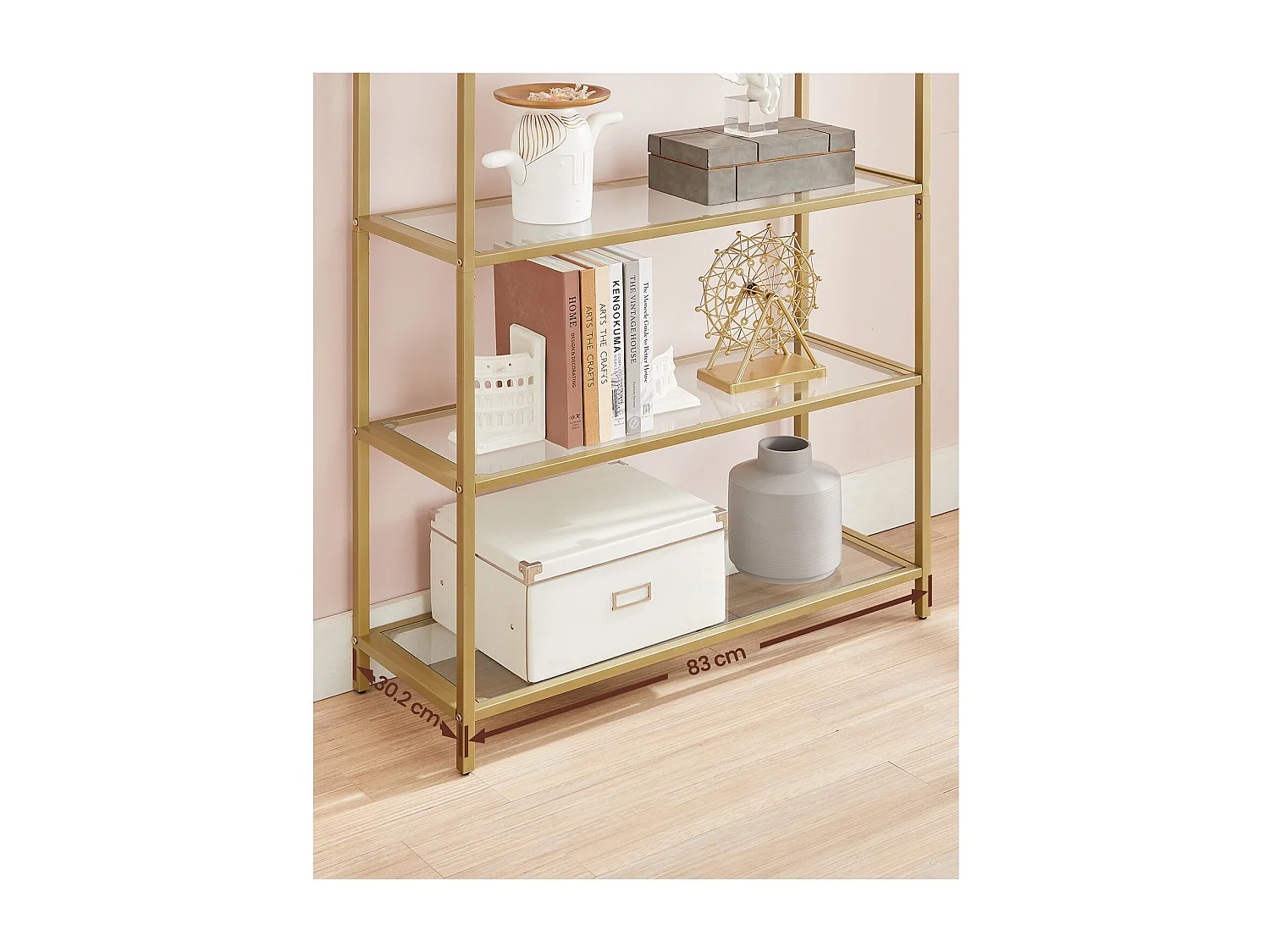 VASAGLE 5 Tier Shelf, Tempered Glass Shelving Unit, Arched Design, Steel Construction, for Living Room, Working Bathroom, Golden Color LGT050A01