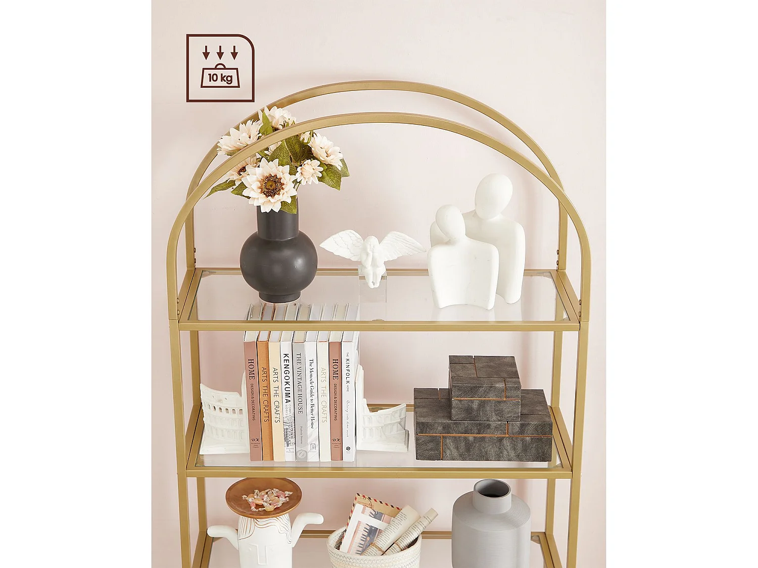 VASAGLE 5 Tier Shelf, Tempered Glass Shelving Unit, Arched Design, Steel Construction, for Living Room, Working Bathroom, Golden Color LGT050A01