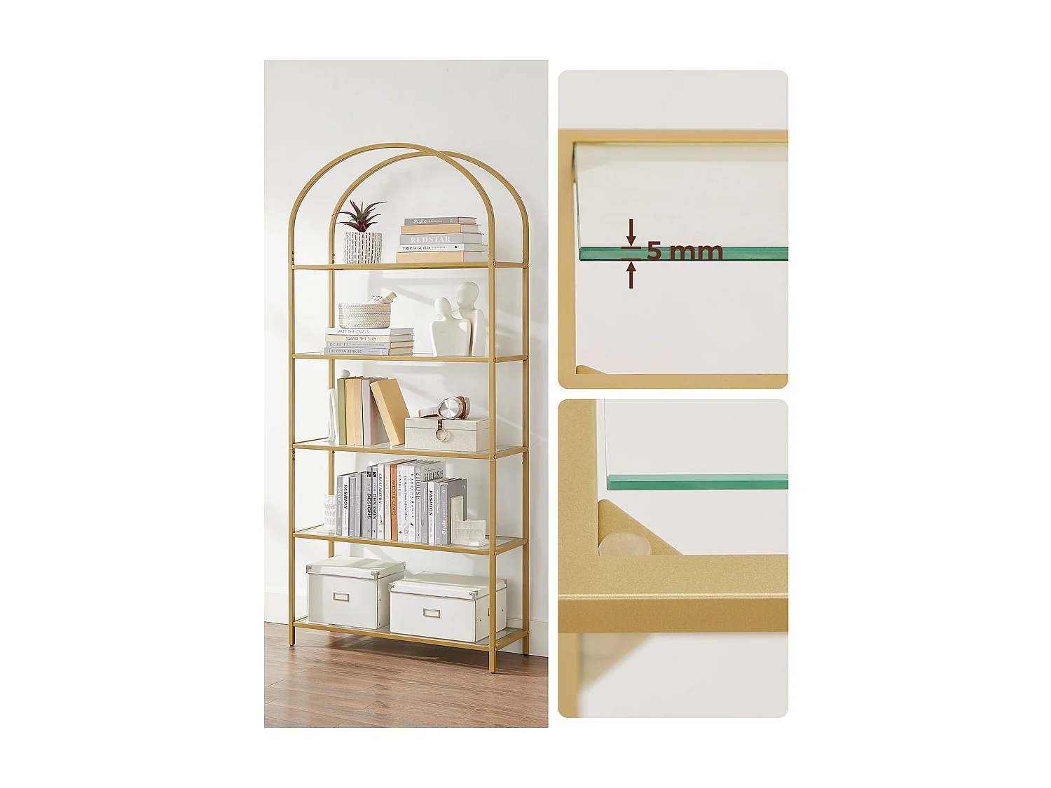 VASAGLE 5 Tier Shelf, Tempered Glass Shelving Unit, Arched Design, Steel Construction, for Living Room, Working Bathroom, Golden Color LGT050A01