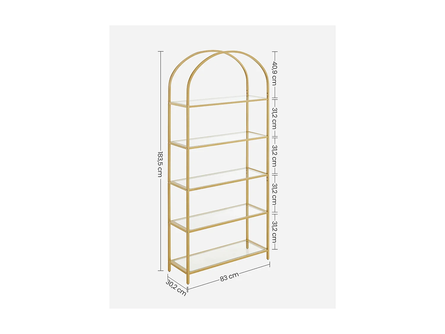 VASAGLE 5 Tier Shelf, Tempered Glass Shelving Unit, Arched Design, Steel Construction, for Living Room, Working Bathroom, Golden Color LGT050A01