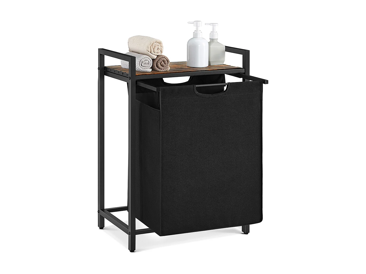 VASAGLE Vasketøjskurv, vasketøjskurv, udtrækkelig og aftagelig vasketøjspose, hylde, metalramme, 65L, 50 x 33 x 72 cm, rustik brun og sort BLH101B01