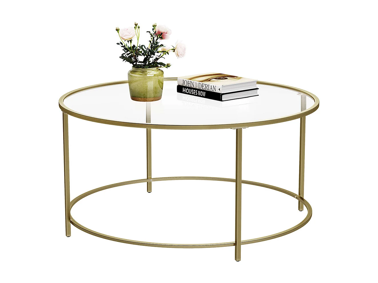 VASAGLE Runder Couchtisch, Glastisch mit Stahlgestell, Wohnzimmertisch, Sofatisch, gehärtetes Glas, Gold LGT21G