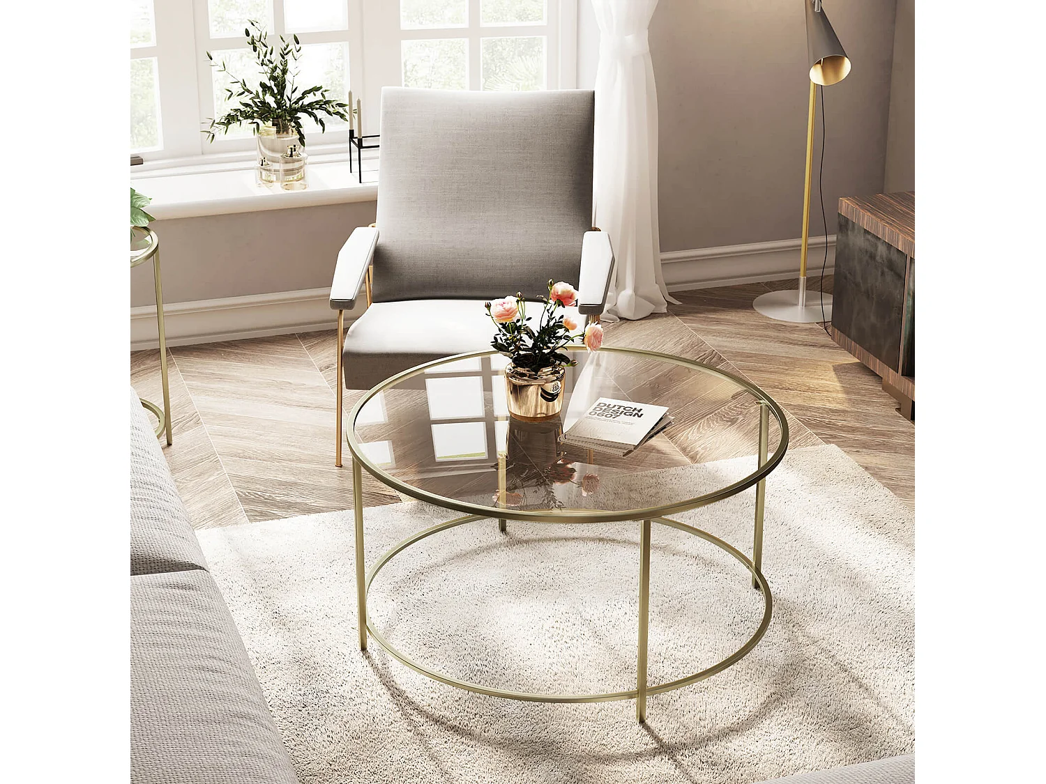 VASAGLE Runder Couchtisch, Glastisch mit Stahlgestell, Wohnzimmertisch, Sofatisch, gehärtetes Glas, Gold LGT21G