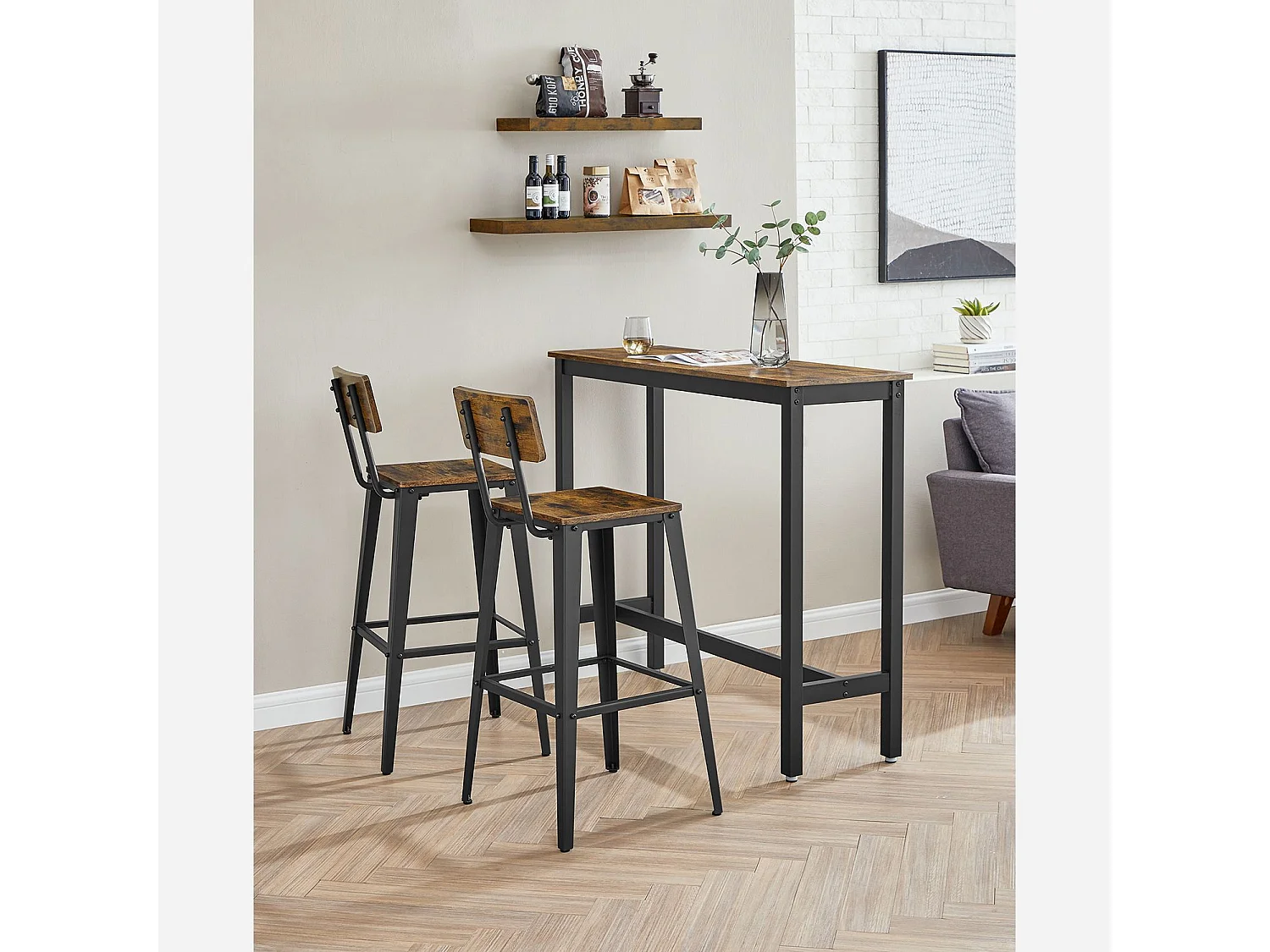 VASAGLE LBC078B01 Sæt med 2 barstole, køkkenstole med ryglæn, stålramme, nem montering, industrielt design, vintage brun/sort