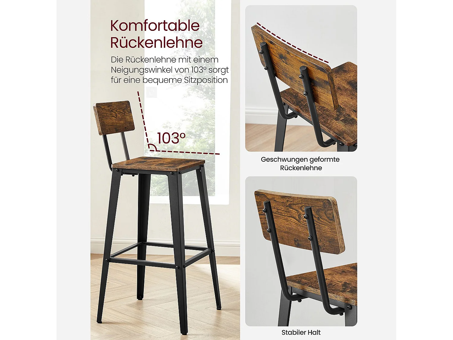 VASAGLE LBC078B01 Sæt med 2 barstole, køkkenstole med ryglæn, stålramme, nem montering, industrielt design, vintage brun/sort