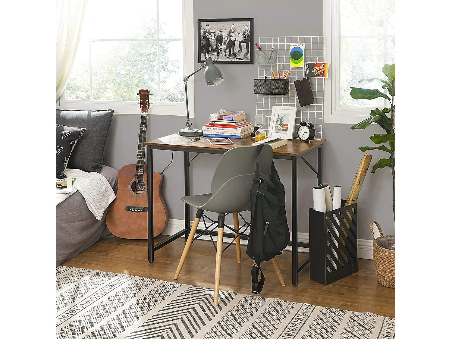 Computerbord, skrivebord, lille kontorbord, 50 x 100 x 75 cm, studie, hjemmekontor, enkel montering, stål, industrielt design, rustik brun og sort LWD41XV1
