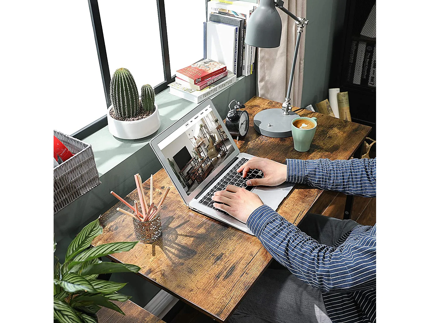 Computerbord, skrivebord, lille kontorbord, 50 x 100 x 75 cm, studie, hjemmekontor, enkel montering, stål, industrielt design, rustik brun og sort LWD41XV1