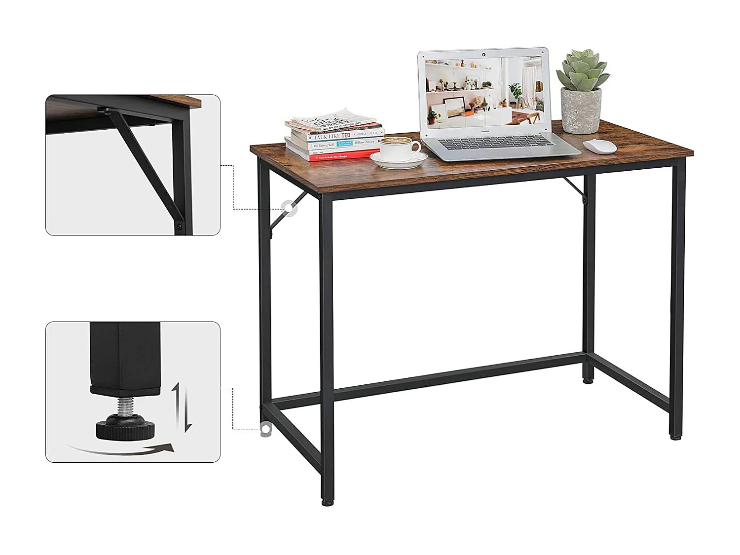 Computerbord, skrivebord, lille kontorbord, 50 x 100 x 75 cm, studie, hjemmekontor, enkel montering, stål, industrielt design, rustik brun og sort LWD41XV1