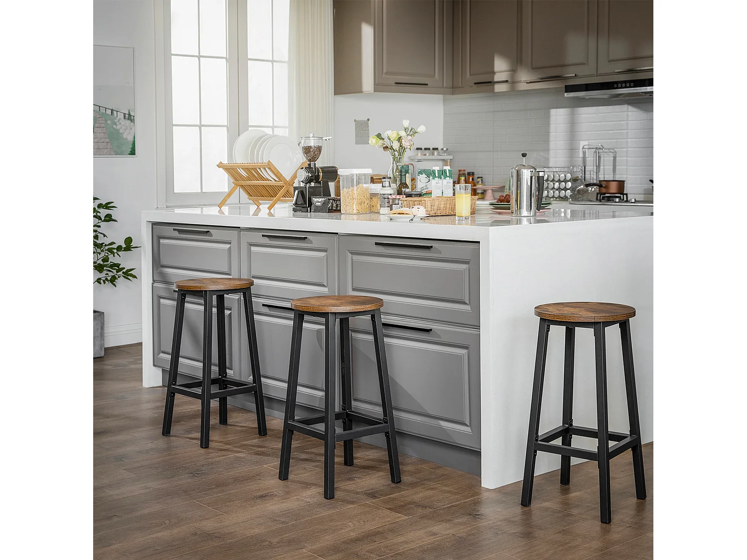 VASAGLE sæt med 2 barstole, høje køkkenstole, robust stålramme, 65 cm høj, nem montering, industriel stil, rustik brun og sort LBC32X