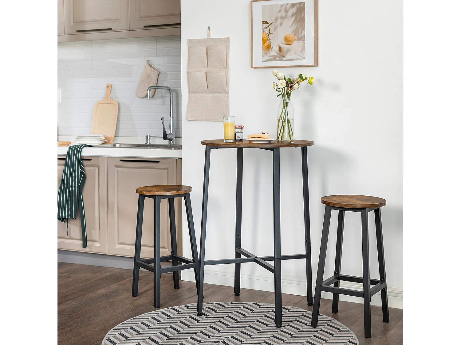 VASAGLE sæt med 2 barstole, høje køkkenstole, robust stålramme, 65 cm høj, nem montering, industriel stil, rustik brun og sort LBC32X