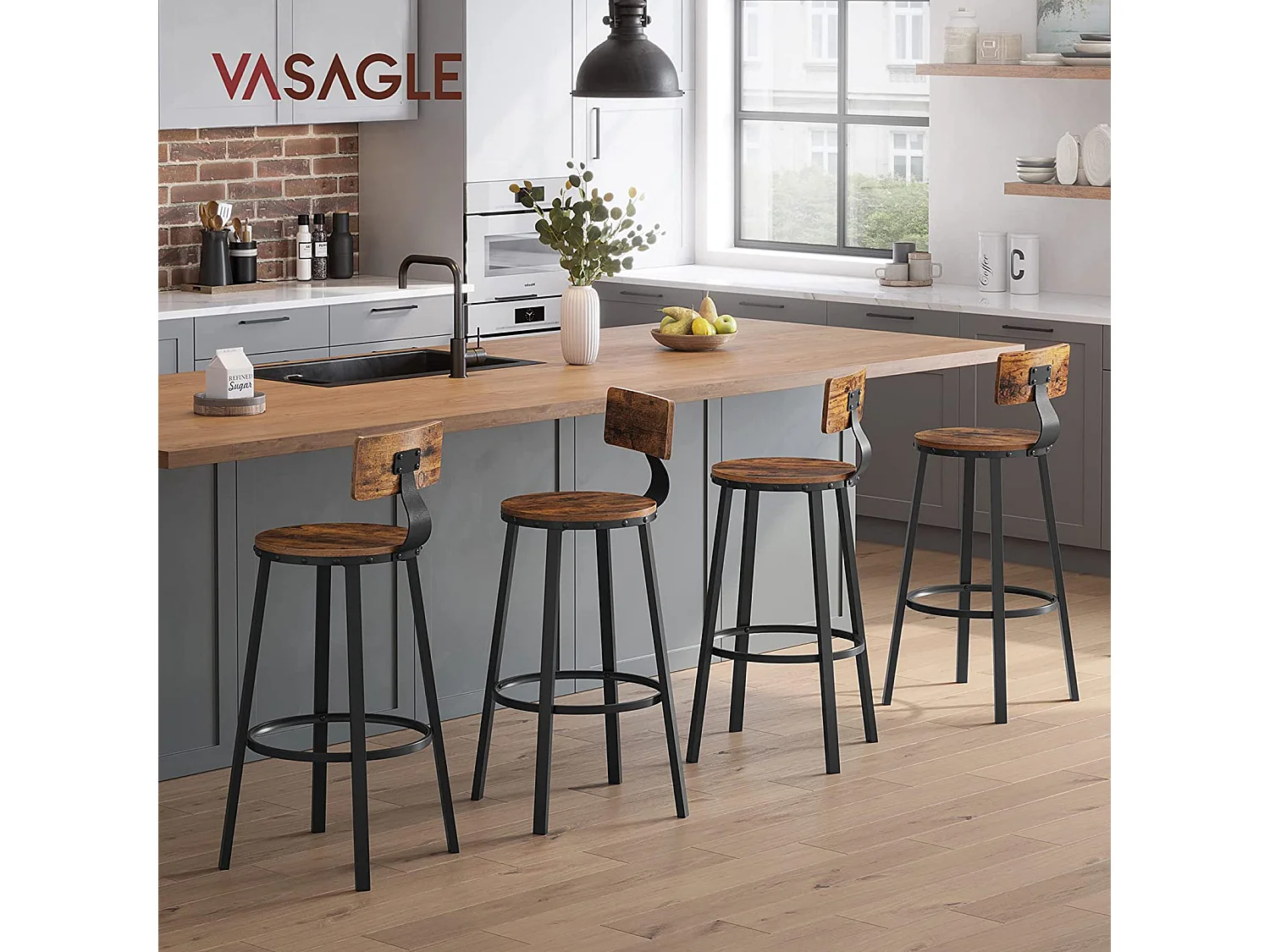 VASAGLE Barstole, køkkenstole, sæt med 2 høje barstole med ryglæn, stålramme, 73 cm højt sæde, nem montering, industriel, rustik brun og sort LBC026B01V1