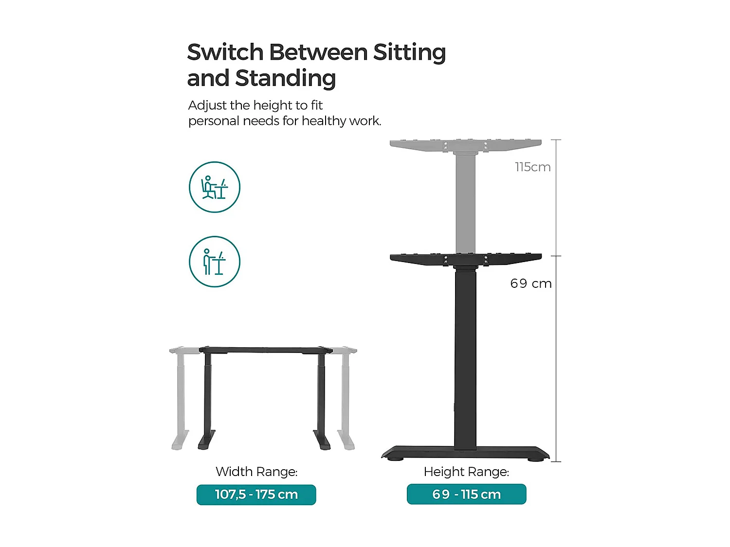 SONGMICS Double Motor Table Frame Height Adjustable Black