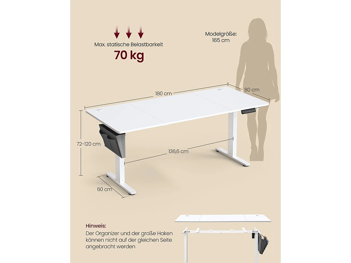 Højdejusterbart elektrisk skrivebord 180 x 80 cm skyhvid