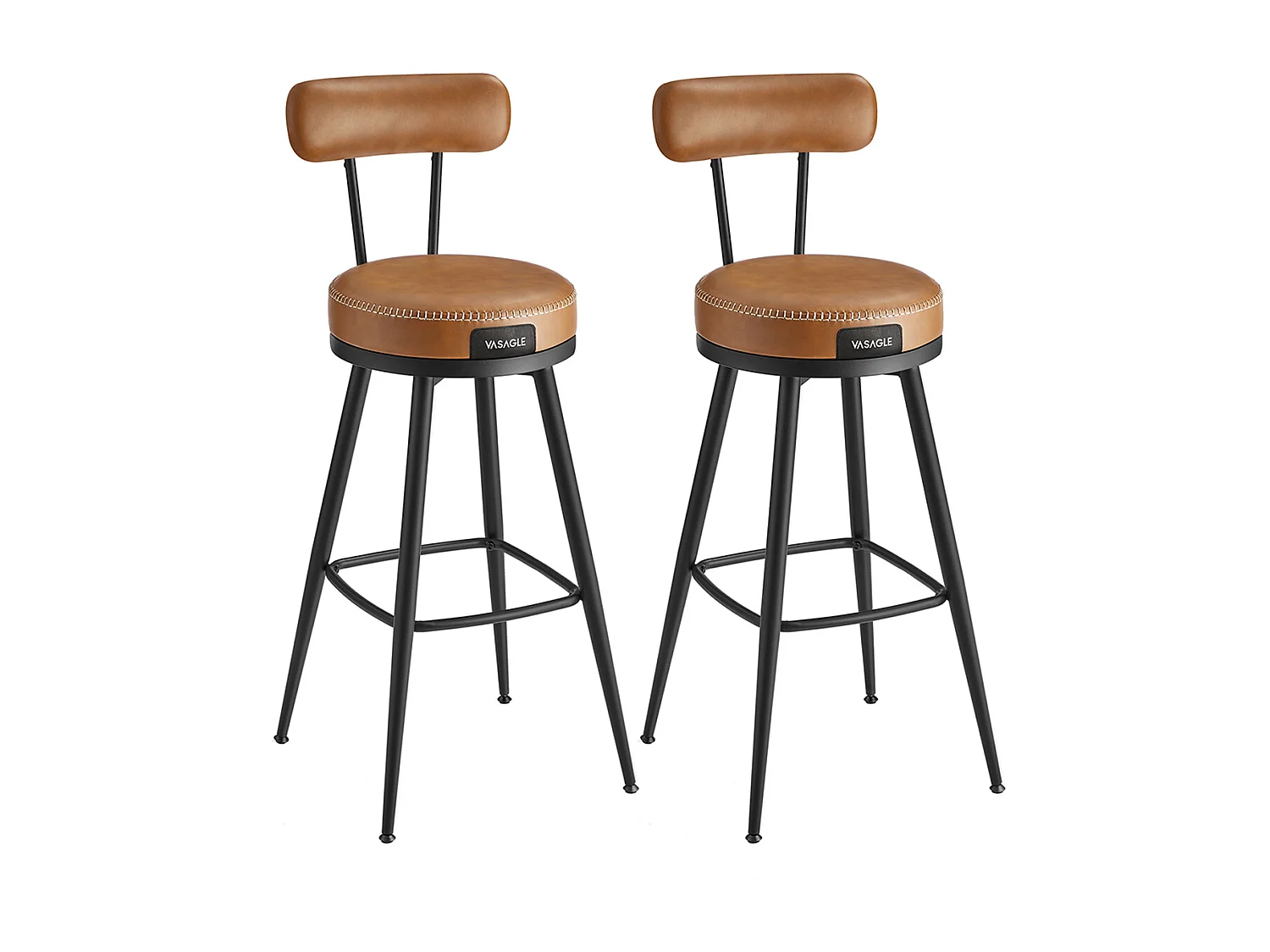 VASAGLE EKHO Collection - Barstole Sæt med 2 drejelige barstole med ryglæn Kunstlæder med syninger Mid-Century Modern Style 76cm høj Køkken Hjem Bar Karamelbrun