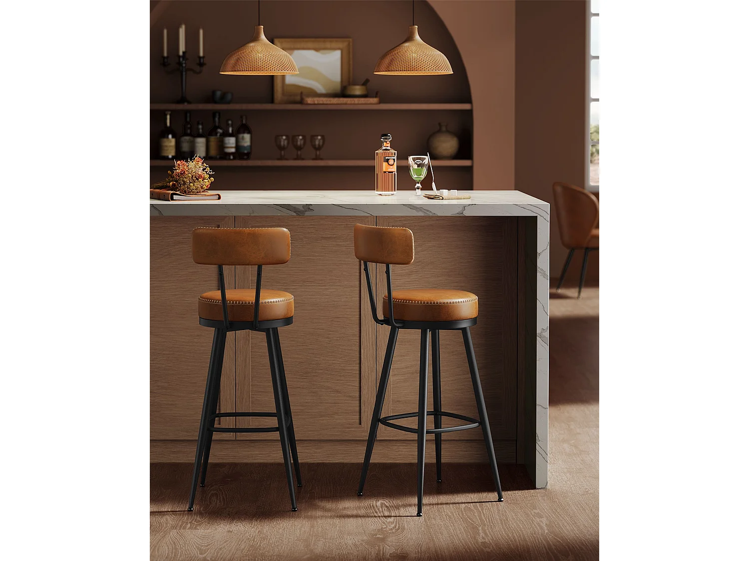 VASAGLE EKHO Collection - Barstole Sæt med 2 drejelige barstole med ryglæn Kunstlæder med syninger Mid-Century Modern Style 76cm høj Køkken Hjem Bar Karamelbrun