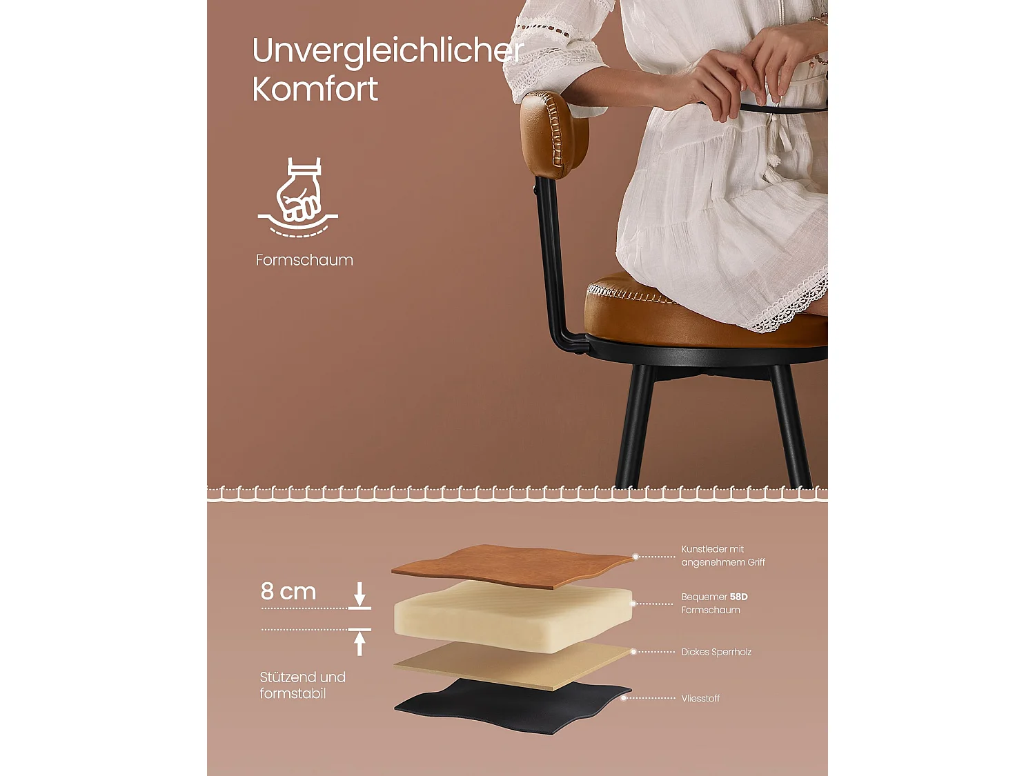 VASAGLE EKHO Collection - Barstole Sæt med 2 drejelige barstole med ryglæn Kunstlæder med syninger Mid-Century Modern Style 76cm høj Køkken Hjem Bar Karamelbrun