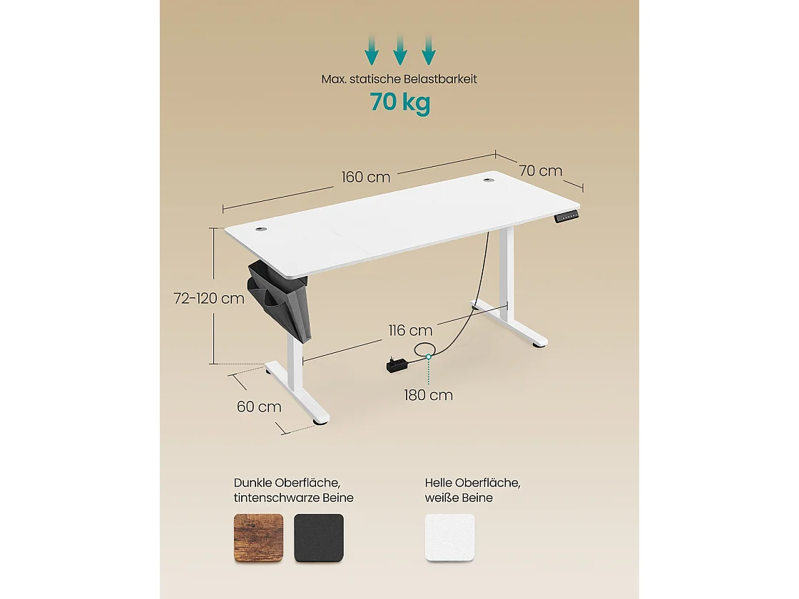 Højdejusterbart elektrisk skrivebord 70 x 160 x (72-120) cm