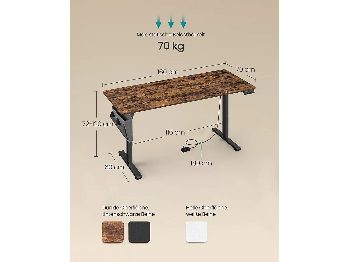 Højdejusterbart elektrisk skrivebord 70 x 160 x (72-120) cm