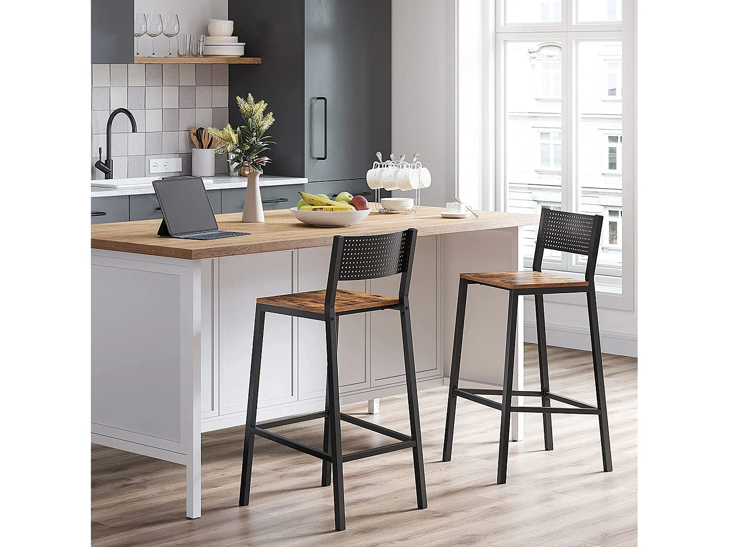 VASAGLE Barstol, barstol, køkkenstol, køkkenstol, stue, spisestue, industrielt design, vintage brun/sort LBC070B01