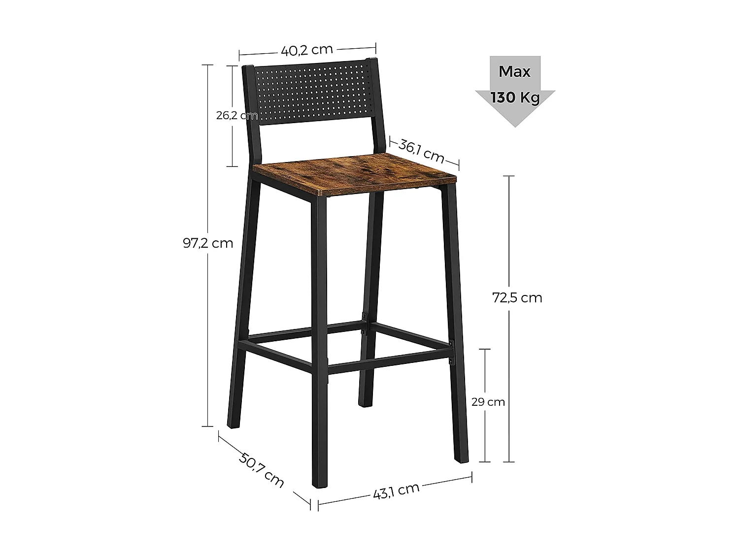 VASAGLE Barstol, barstol, køkkenstol, køkkenstol, stue, spisestue, industrielt design, vintage brun/sort LBC070B01