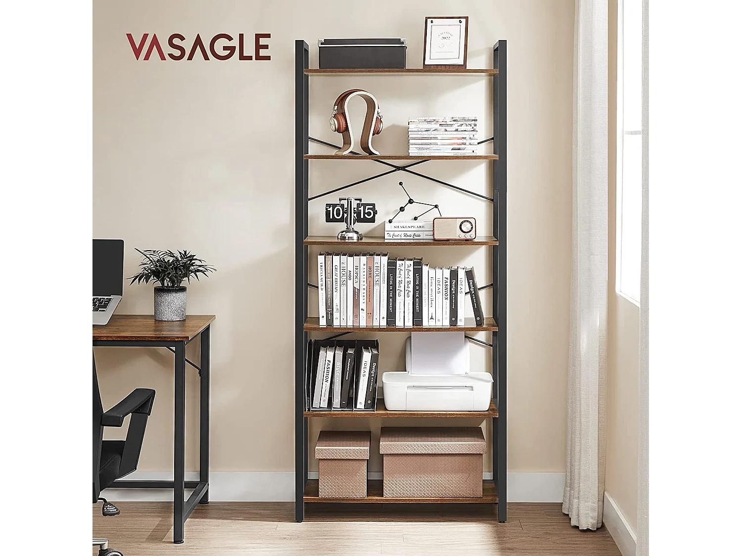 VASAGLE Bogreol, 6-etagers reol med stålramme, høje rustikke hylder til stue, kontor, arbejdsværelse, gang, industriel stil, 80 x 30 x 186 cm, rustik brun og sort