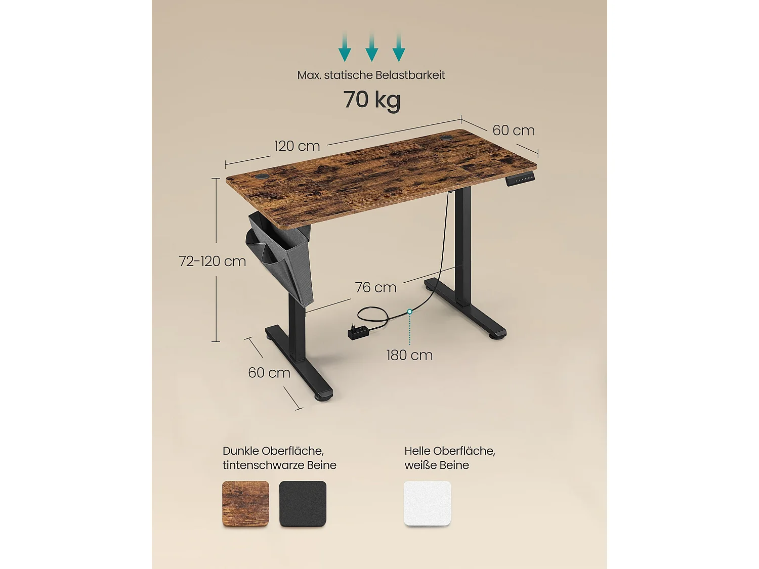 Height-adjustable electric desk 60 x 120 x (72-120) cm