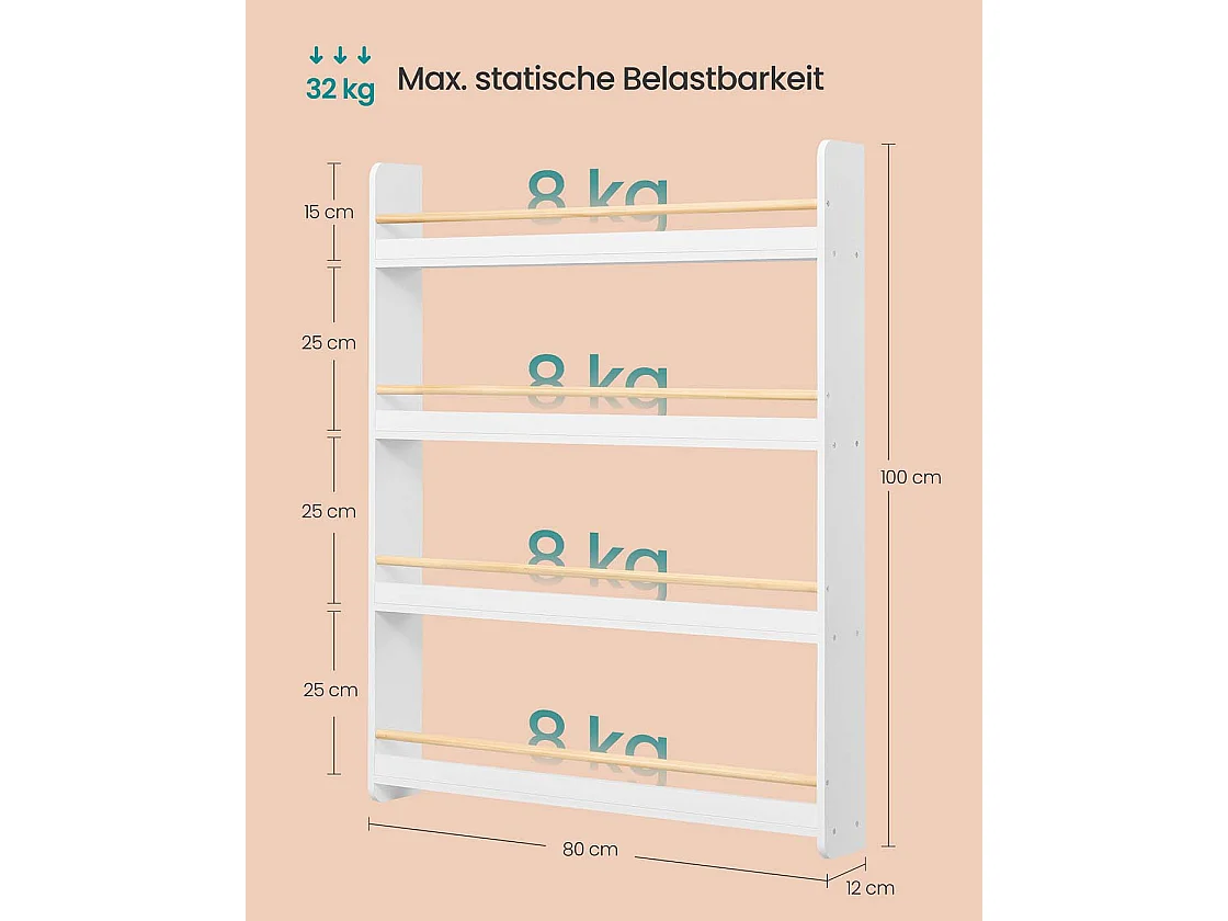 Bookcase for children's room with 4 levels white-natural colored