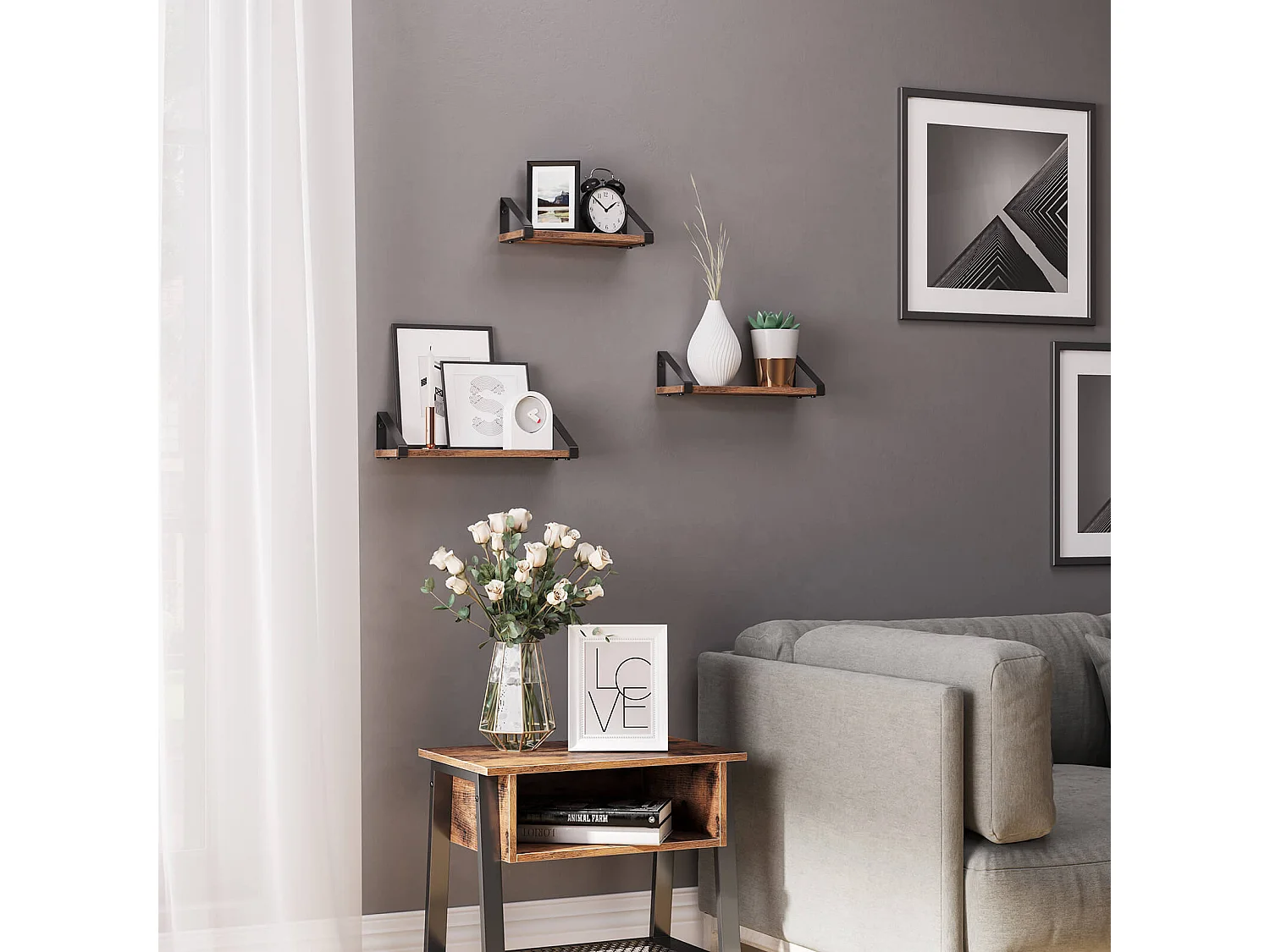 VASAGLE Wandregale, Industrielles Schweberegal zur Wandmontage, 3er Set, Stabiler Ständer für Wohnzimmer, Bad, Küche, Rustikal Braun LWS33BX