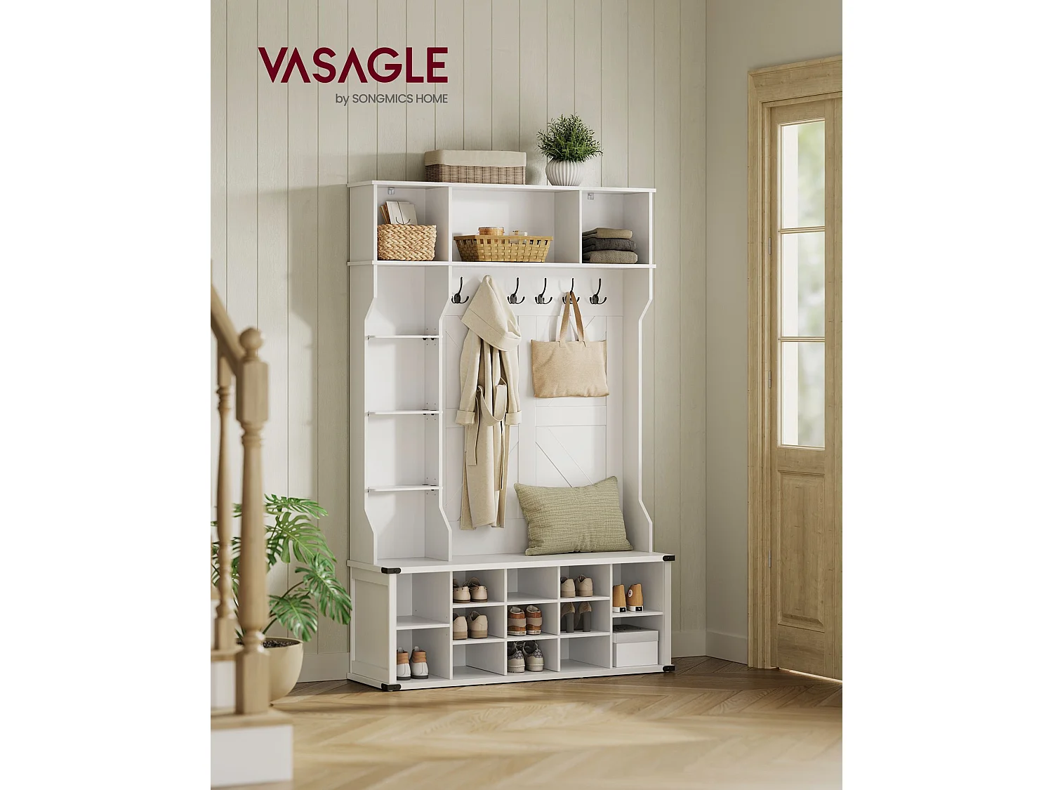 Portemanteau avec étagère à chaussures style campagnard blanc nuageux