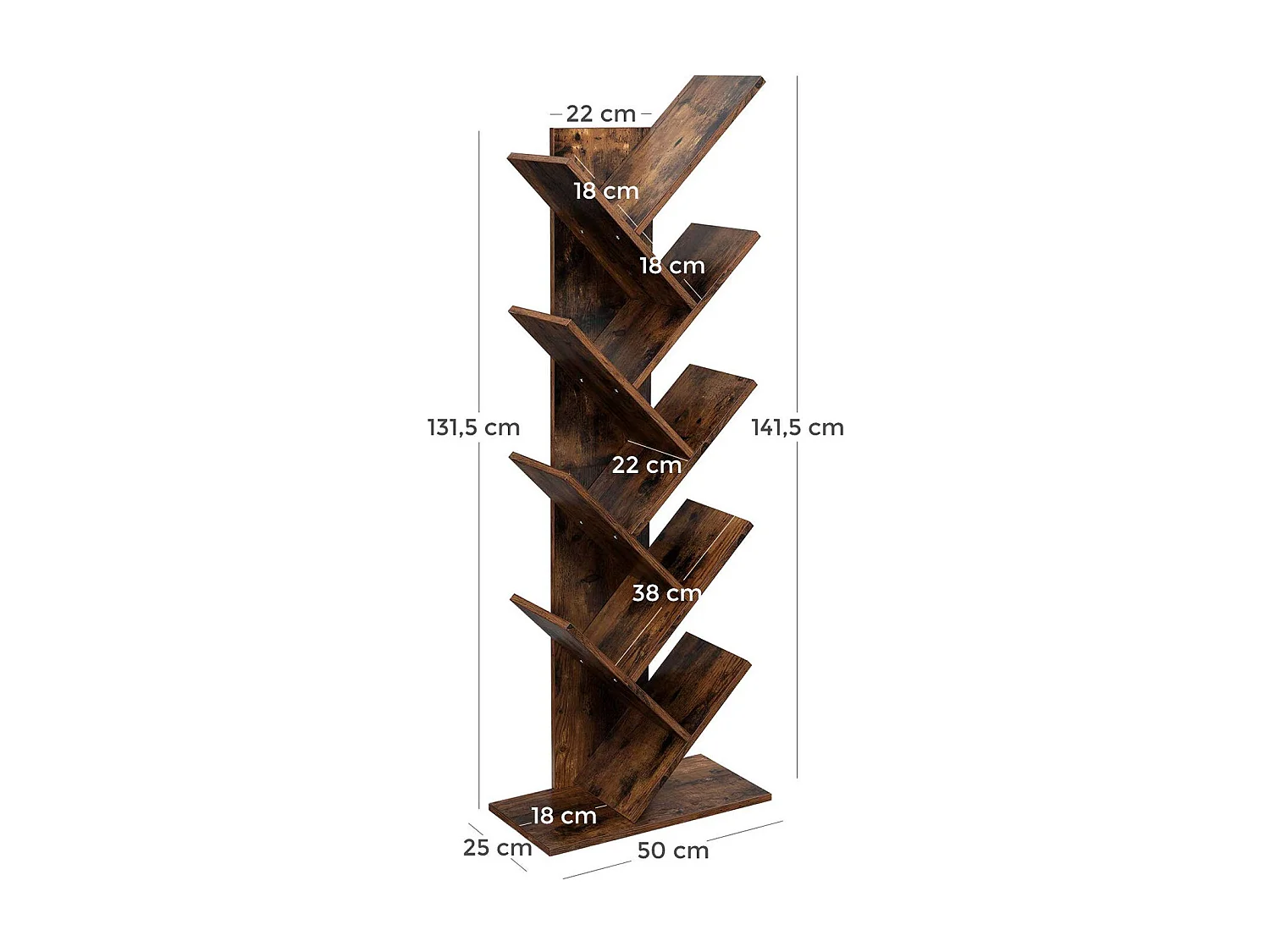 VASAGLE Tree Bookshelf, 8-etagers gulvstående bogreol med træhylder til stuen, hjemmekontoret, rustik brun LBC11BX