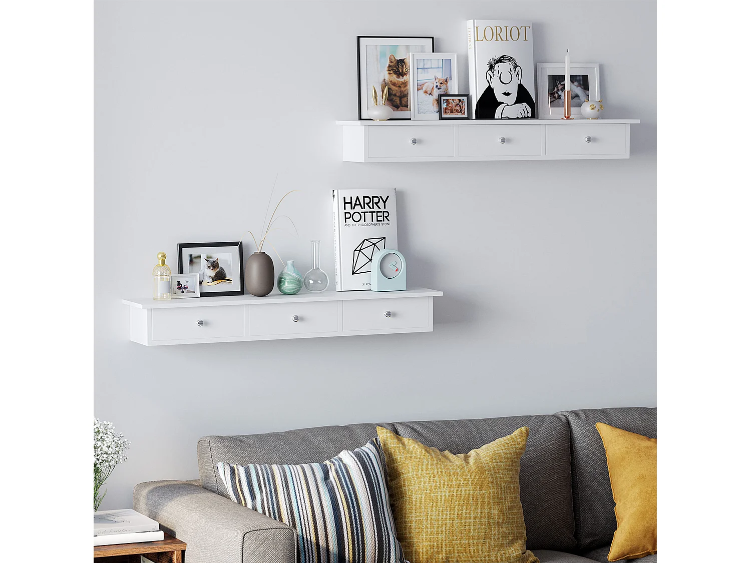 SONGMICS Floating Wall Shelf with 3 Drawers, Hallway Storage Shelf, 80 x 15 x 10 cm, Living Room, Bedroom, Kitchen, High Gloss Paint, White LWS085W01