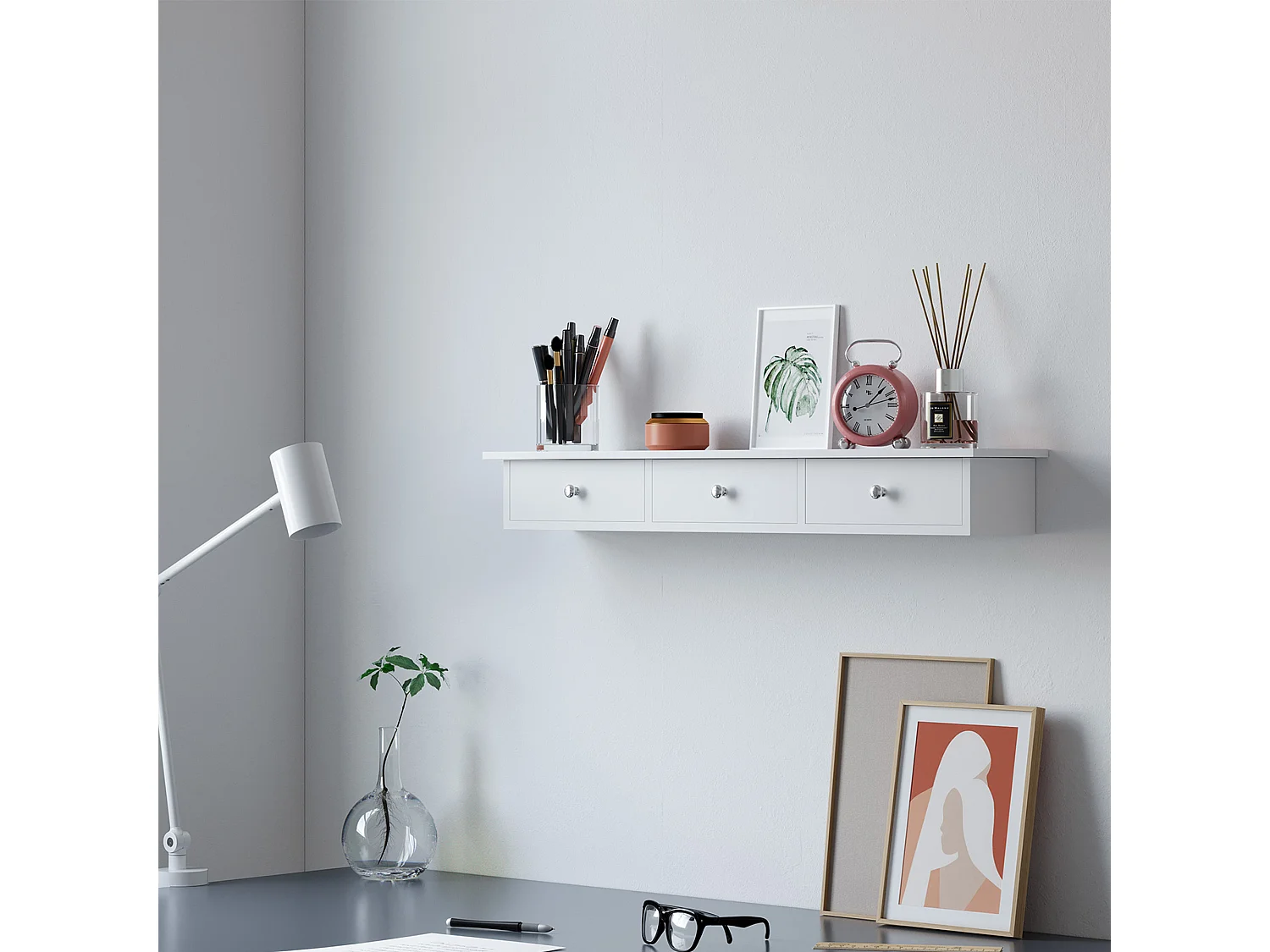SONGMICS Floating Wall Shelf with 3 Drawers, Hallway Storage Shelf, 80 x 15 x 10 cm, Living Room, Bedroom, Kitchen, High Gloss Paint, White LWS085W01