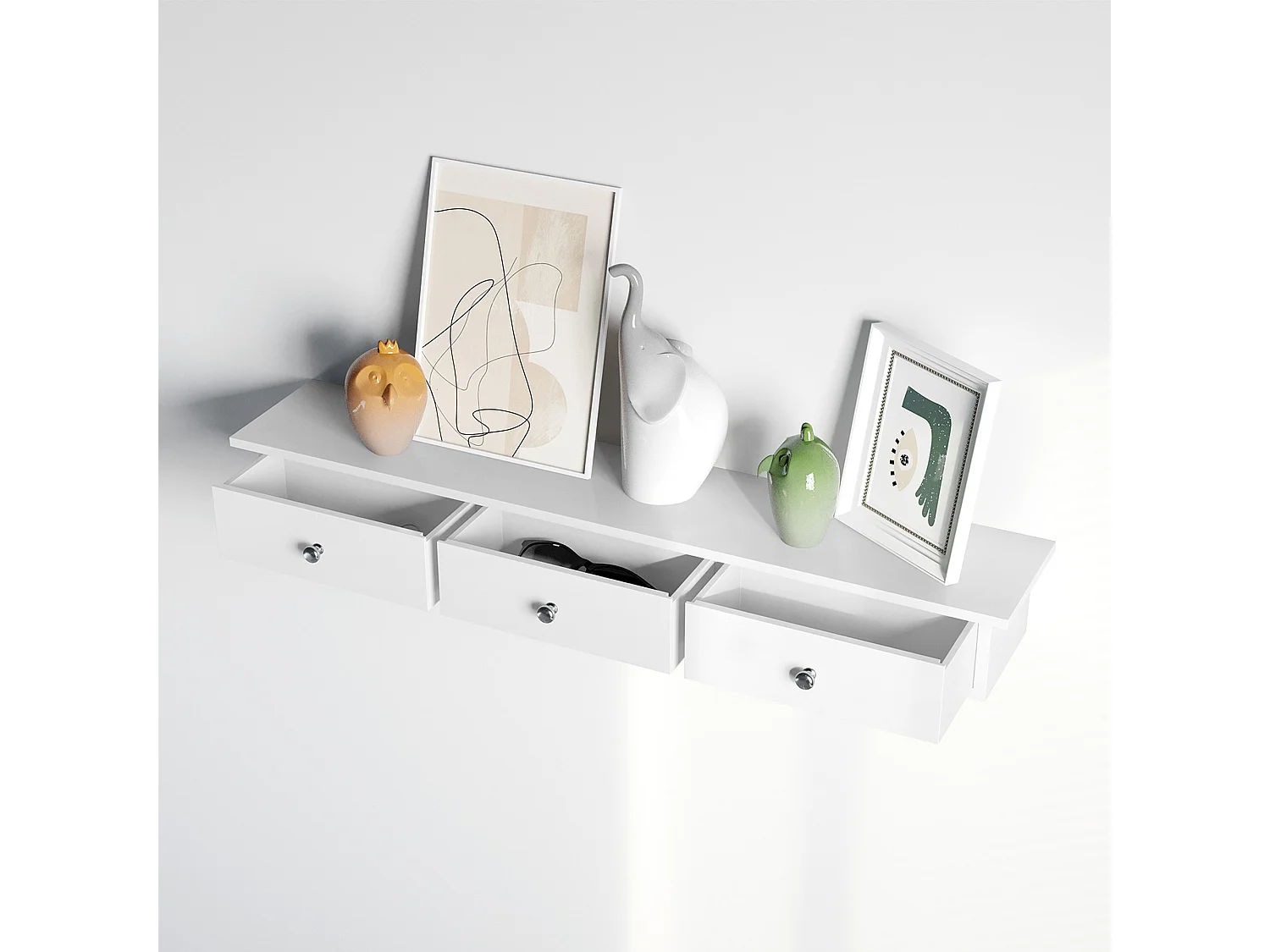 SONGMICS Floating Wall Shelf with 3 Drawers, Hallway Storage Shelf, 80 x 15 x 10 cm, Living Room, Bedroom, Kitchen, High Gloss Paint, White LWS085W01