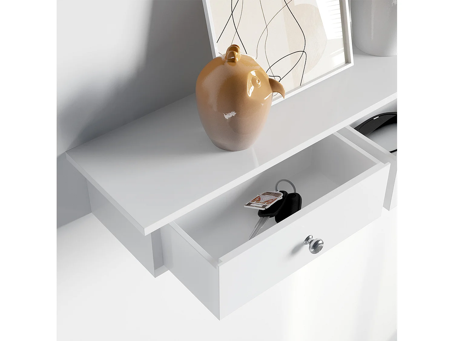 SONGMICS Floating Wall Shelf with 3 Drawers, Hallway Storage Shelf, 80 x 15 x 10 cm, Living Room, Bedroom, Kitchen, High Gloss Paint, White LWS085W01