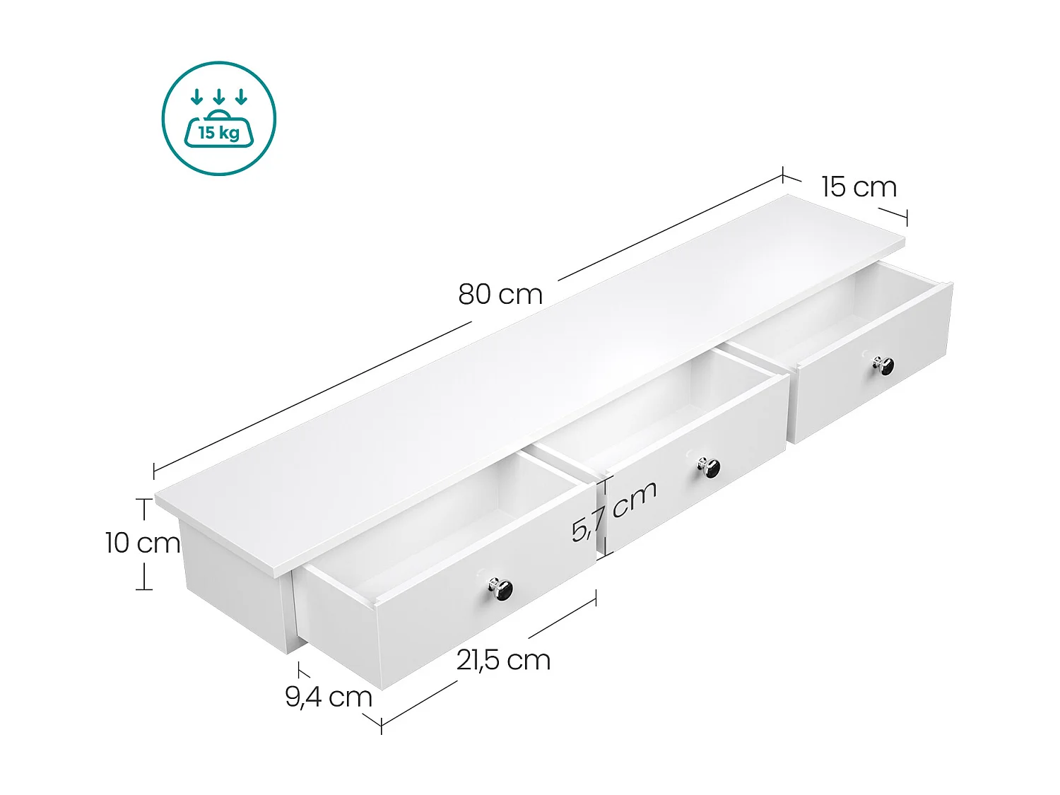 SONGMICS Floating Wall Shelf with 3 Drawers, Hallway Storage Shelf, 80 x 15 x 10 cm, Living Room, Bedroom, Kitchen, High Gloss Paint, White LWS085W01
