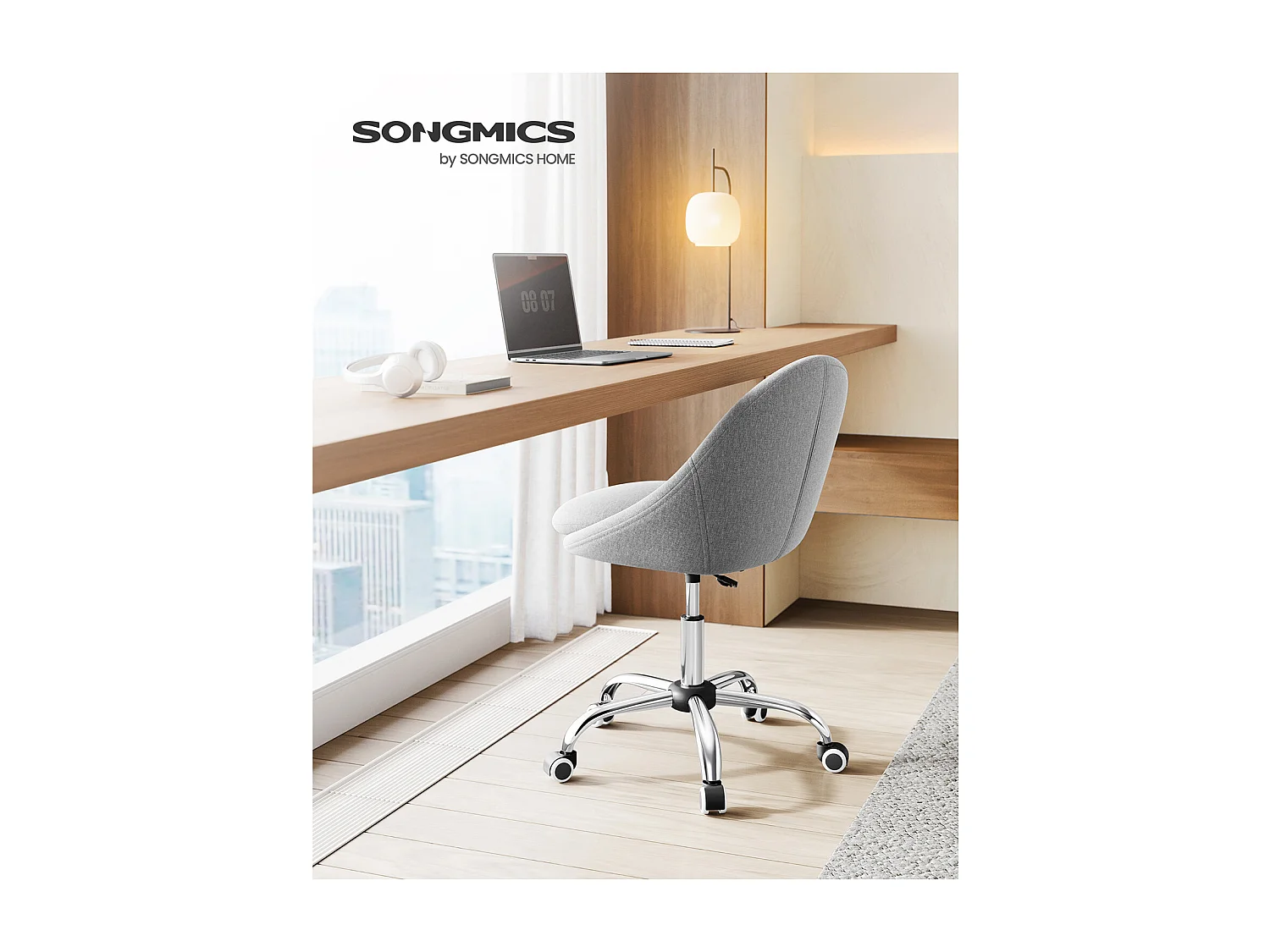 SONGMICS Homeoffice OBG020G01 Drejestol, skrivebordsstol, skumpolstring, højdejusterbar, til studie, soveværelse, grå