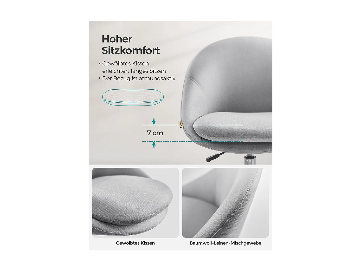 SONGMICS Homeoffice OBG020G01 Drejestol, skrivebordsstol, skumpolstring, højdejusterbar, til studie, soveværelse, grå